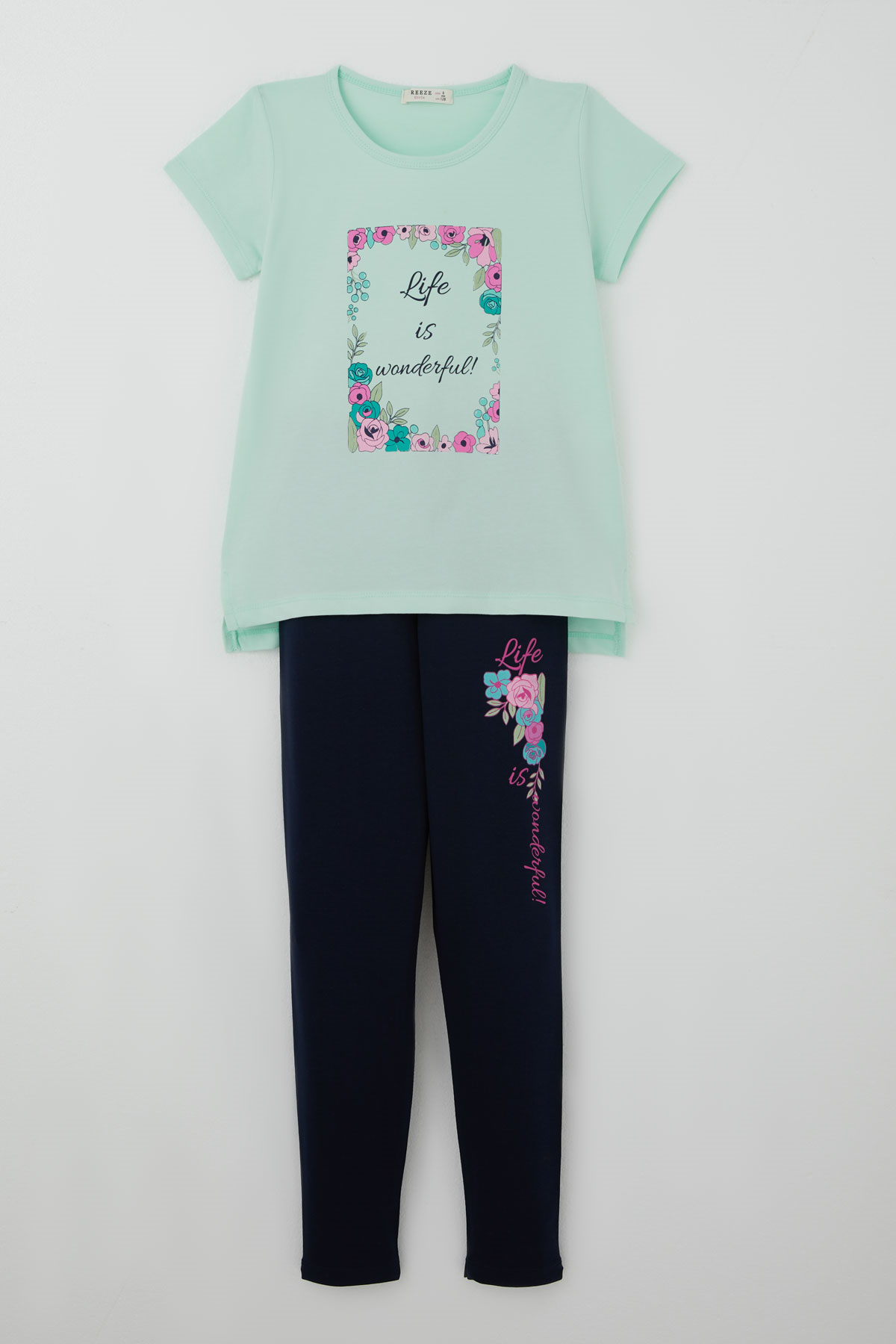 Breeze Kız Çocuk Taytlı Takım Çiçek Baskılı Su Yeşili (5-10 Yaş)