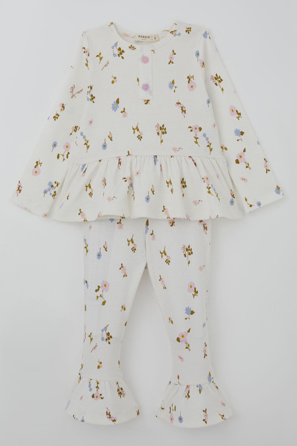Breeze Kız Çocuk Taytlı Takım Çiçek Desenli Paça Kısmı Fırfır Detaylı Beyaz (3-7 Yaş)