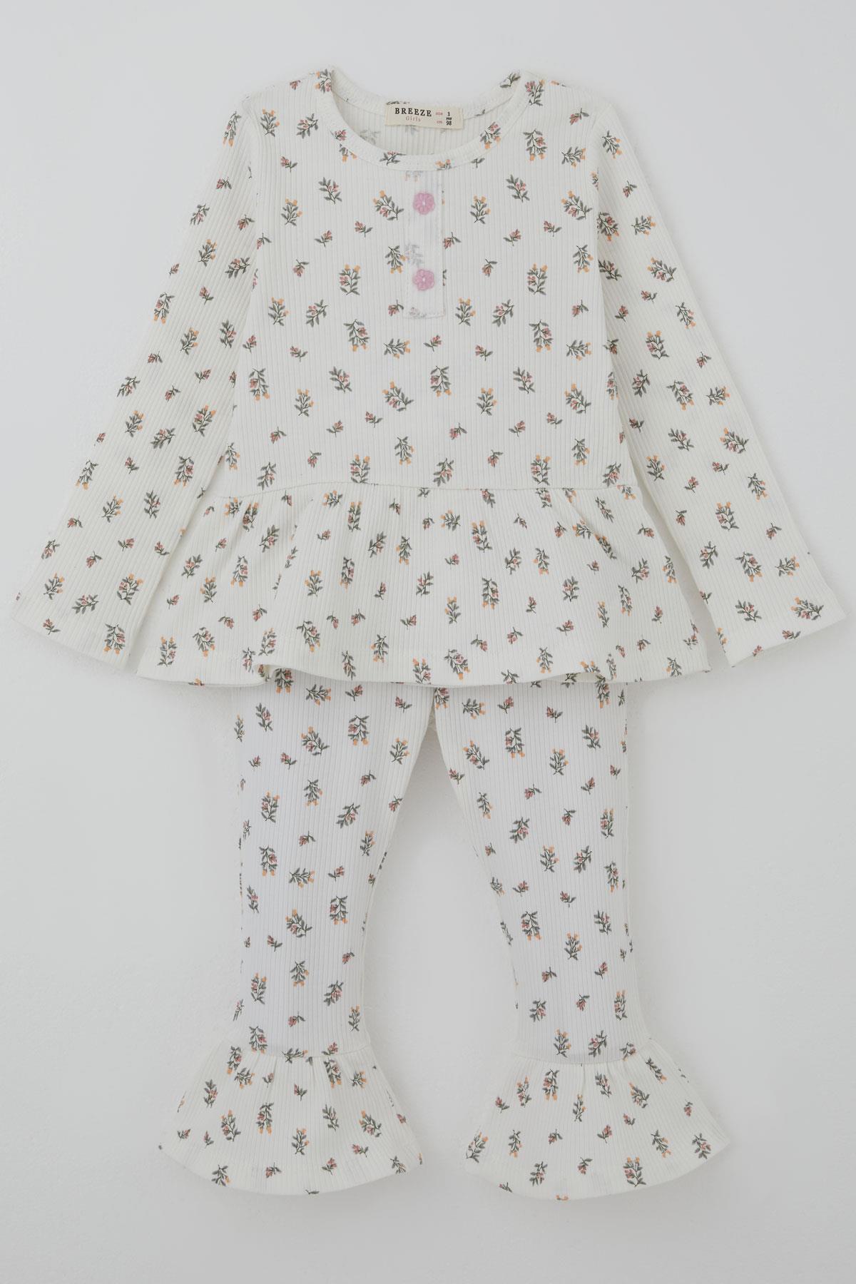 Breeze Kız Çocuk Taytlı Takım Çiçek Desenli Paça Kısmı Fırfır Detaylı Beyaz (3-7 Yaş)