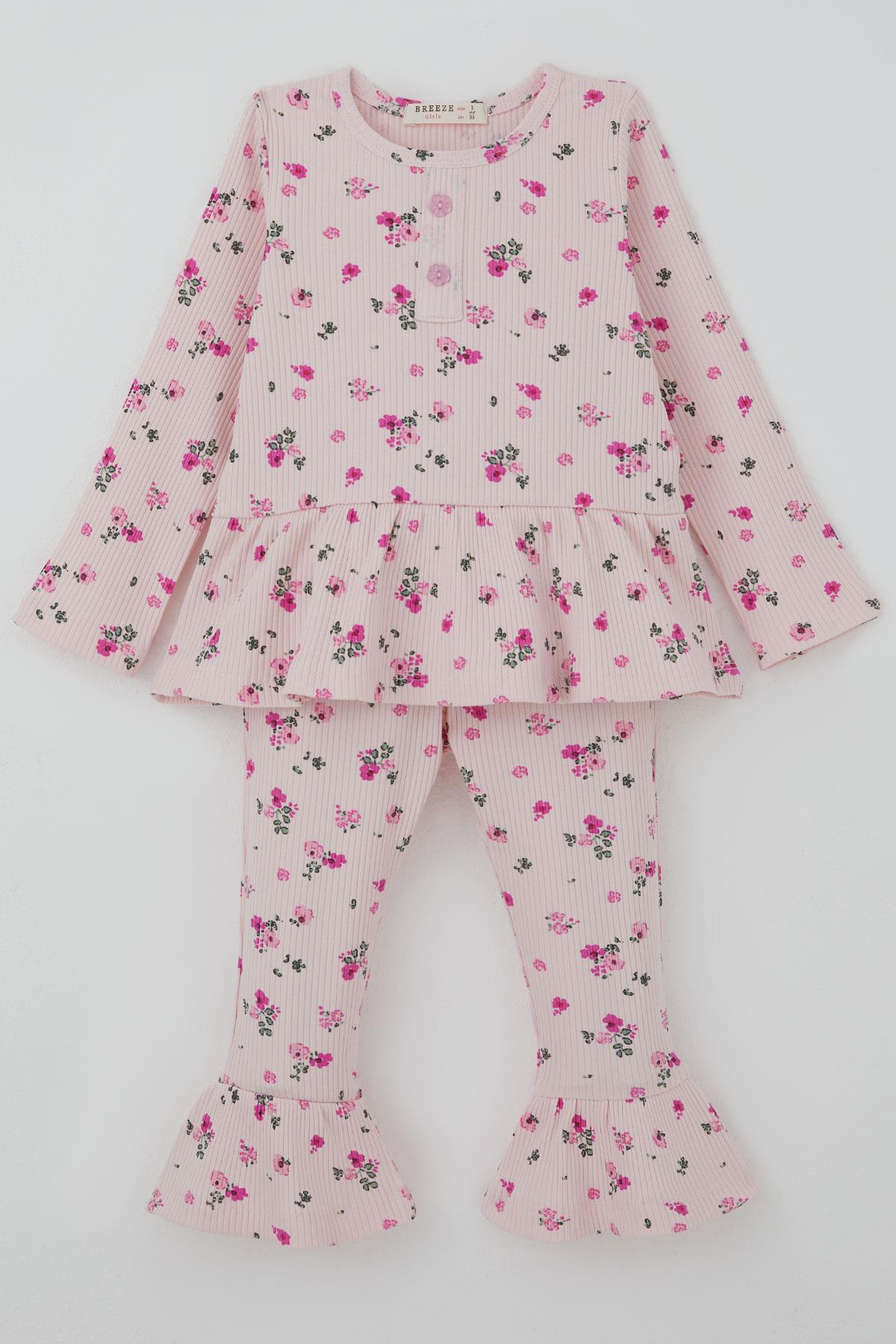 Breeze Kız Çocuk Taytlı Takım Çiçek Desenli Paça Kısmı Fırfır Detaylı Pembe (3-7 Yaş)
