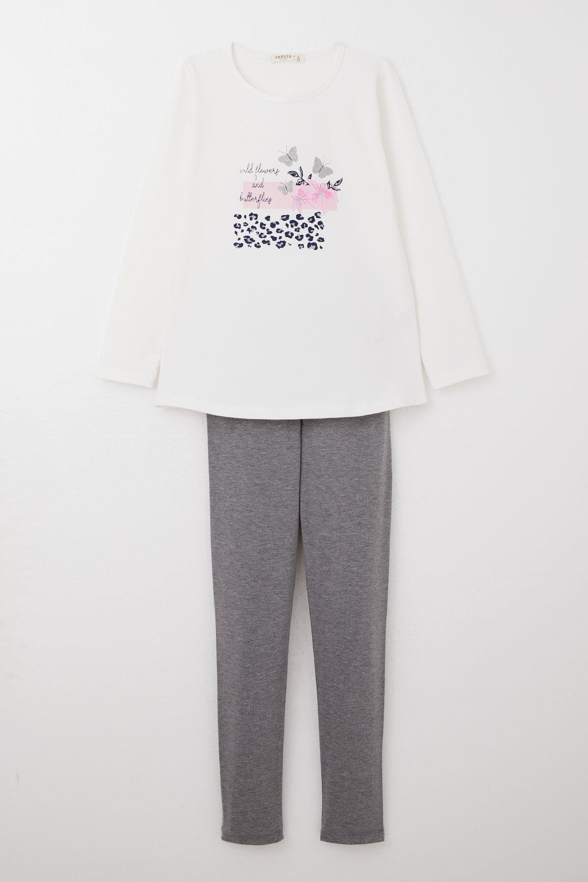 Breeze Kız Çocuk Taytlı Takım Çiçek & Simli Kelebek Baskılı Beyaz (4-8 Yaş)