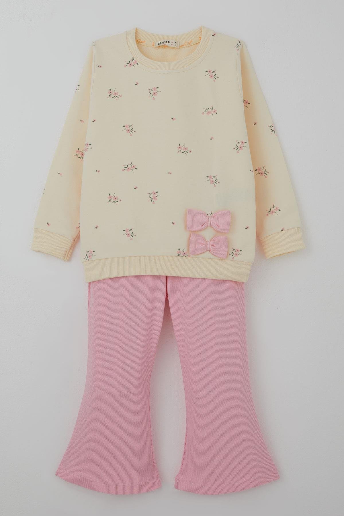 Breeze Kız Çocuk Taytlı Takım İspanyol Paça Çiçek Desenli Fiyonk Detaylı Krem (1.5-5 Yaş)