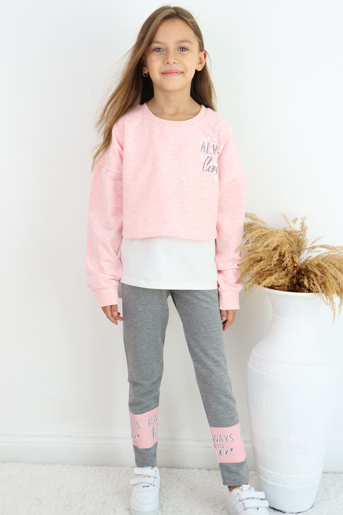 Breeze Kız Çocuk Taytlı Takım Kalp Baskılı Somon Melanj (8-12 Yaş)