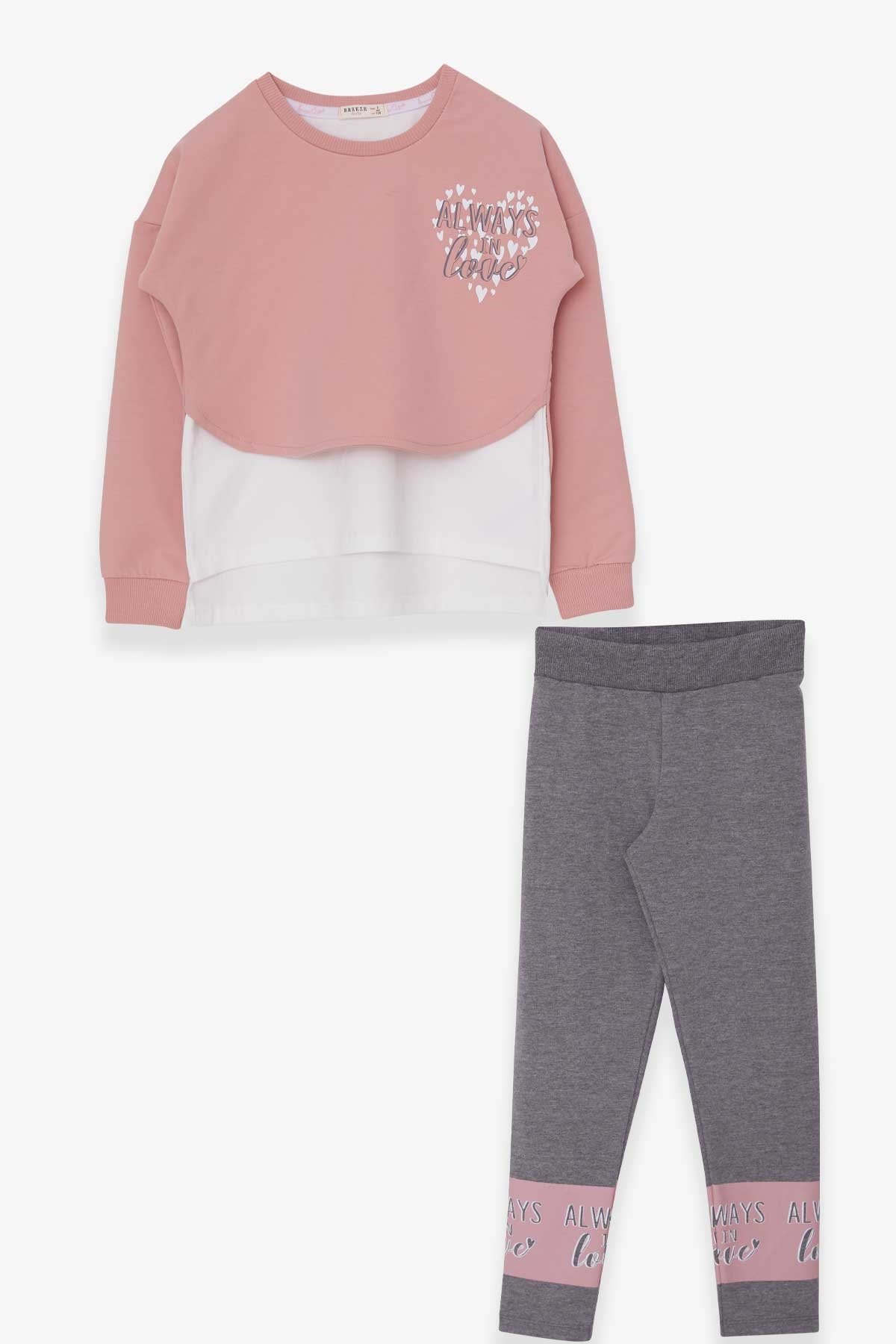Breeze Kız Çocuk Taytlı Takım Kalp Baskılı Pudra (8-12 Yaş)