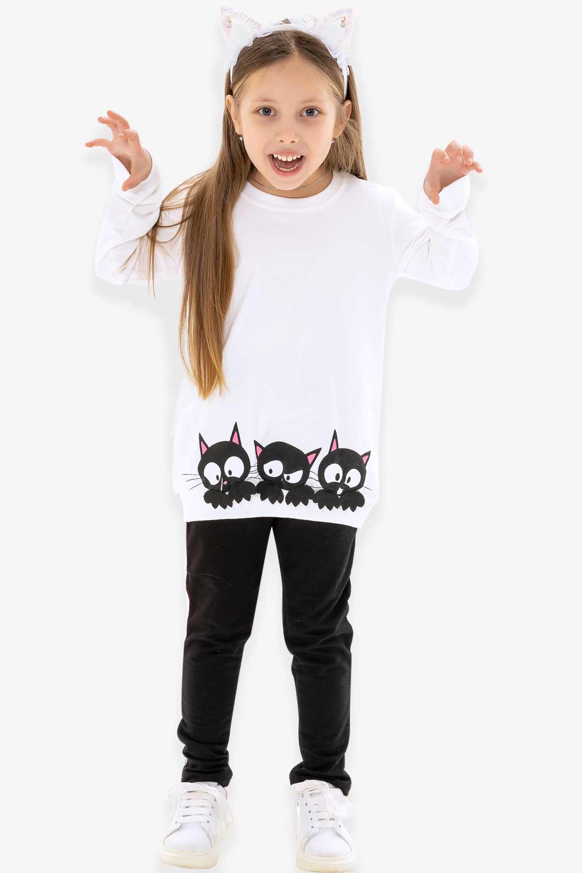 Breeze Kız Çocuk Taytlı Takım Kedi Baskılı Beyaz (1.5-5 Yaş)