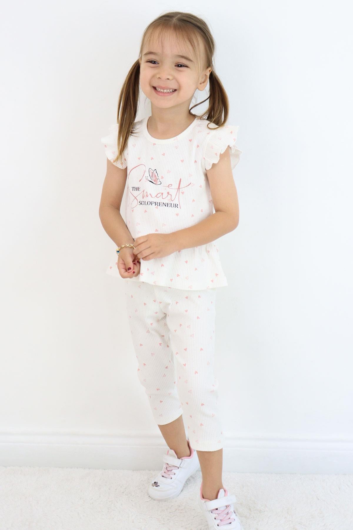 Breeze Kız Çocuk Taytlı Takım Minik Kalpler Desenli Yazı Baskılı Fırfırlı Ekru (2-6 Yaş)