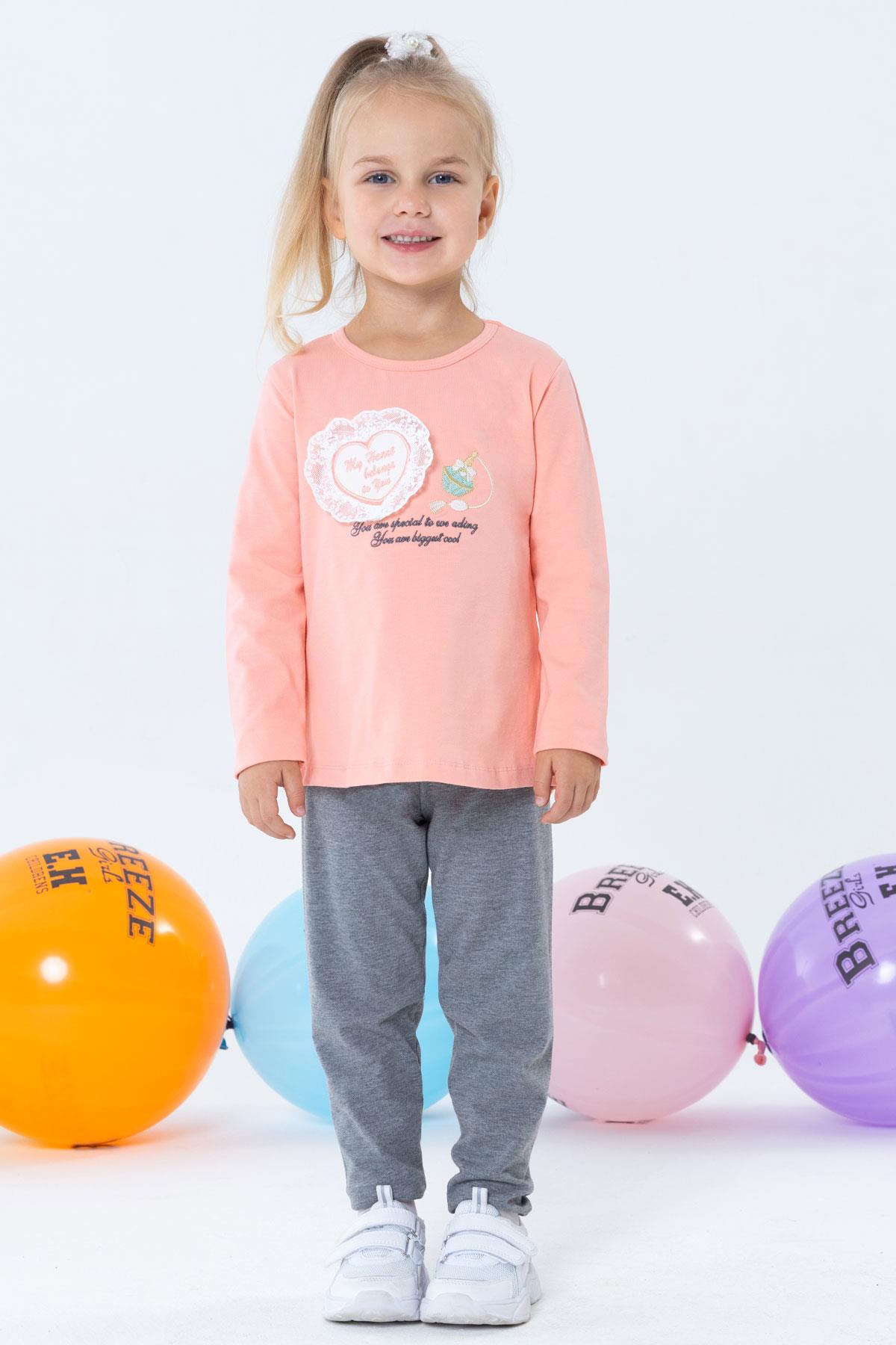 Breeze Kız Çocuk Taytlı Takım Parfüm Şişesi Nakış Baskılı Güpürlü Kalpli Somon (1.5-5 Yaş)