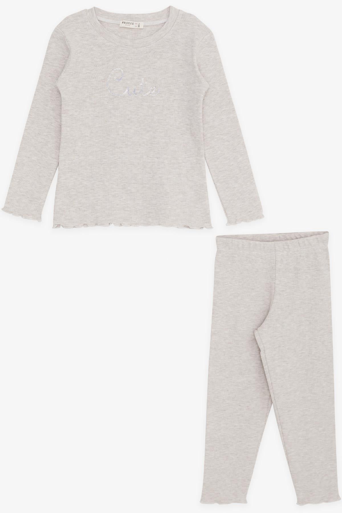 Breeze Kız Çocuk Taytlı Takım Pullu Yazı Nakışlı Bej Melanj (1.5-5 Yaş)