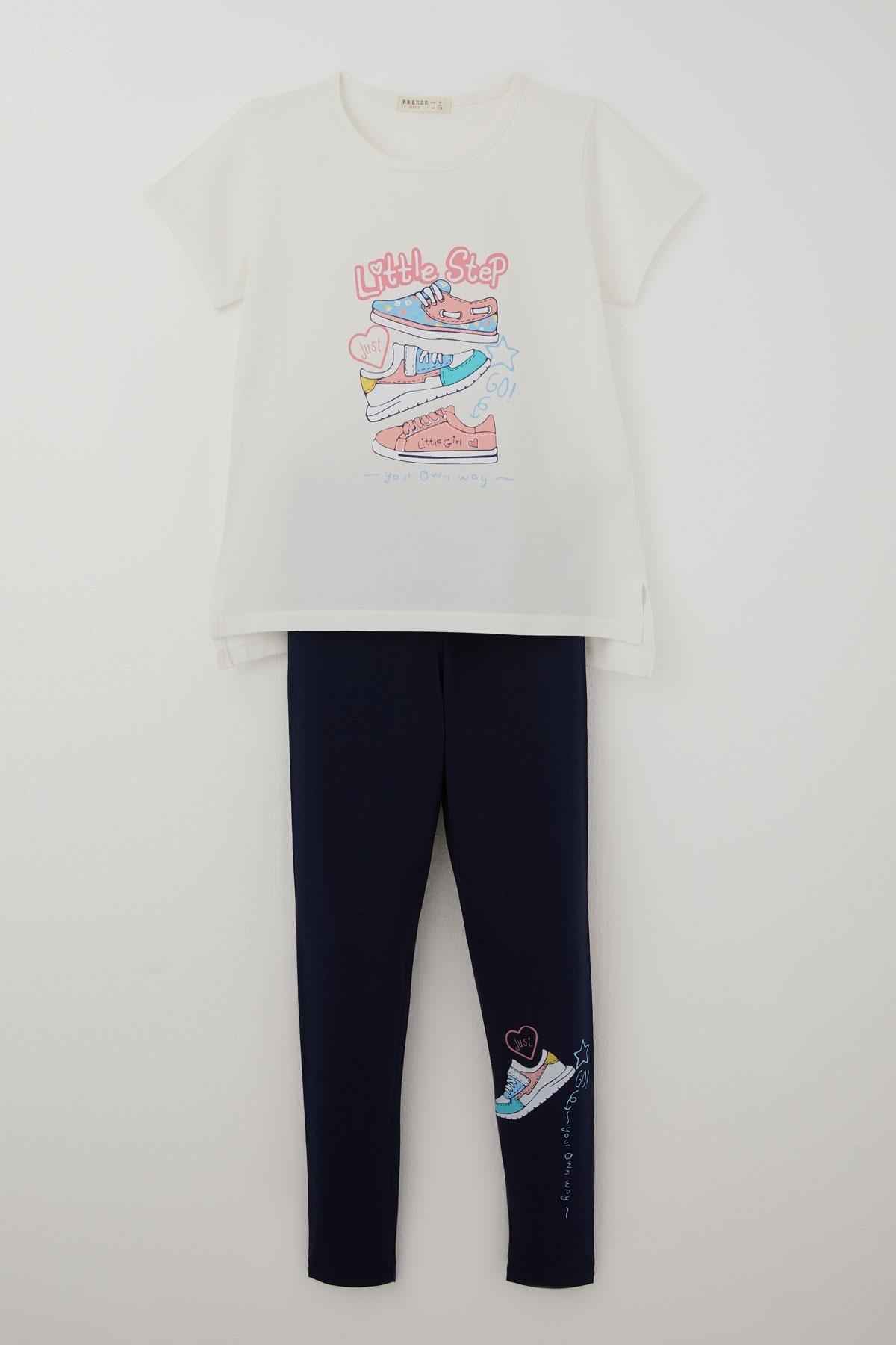 Breeze Kız Çocuk Taytlı Takım Renkli Ayakkabı Baskılı Ekru (5-10 Yaş)