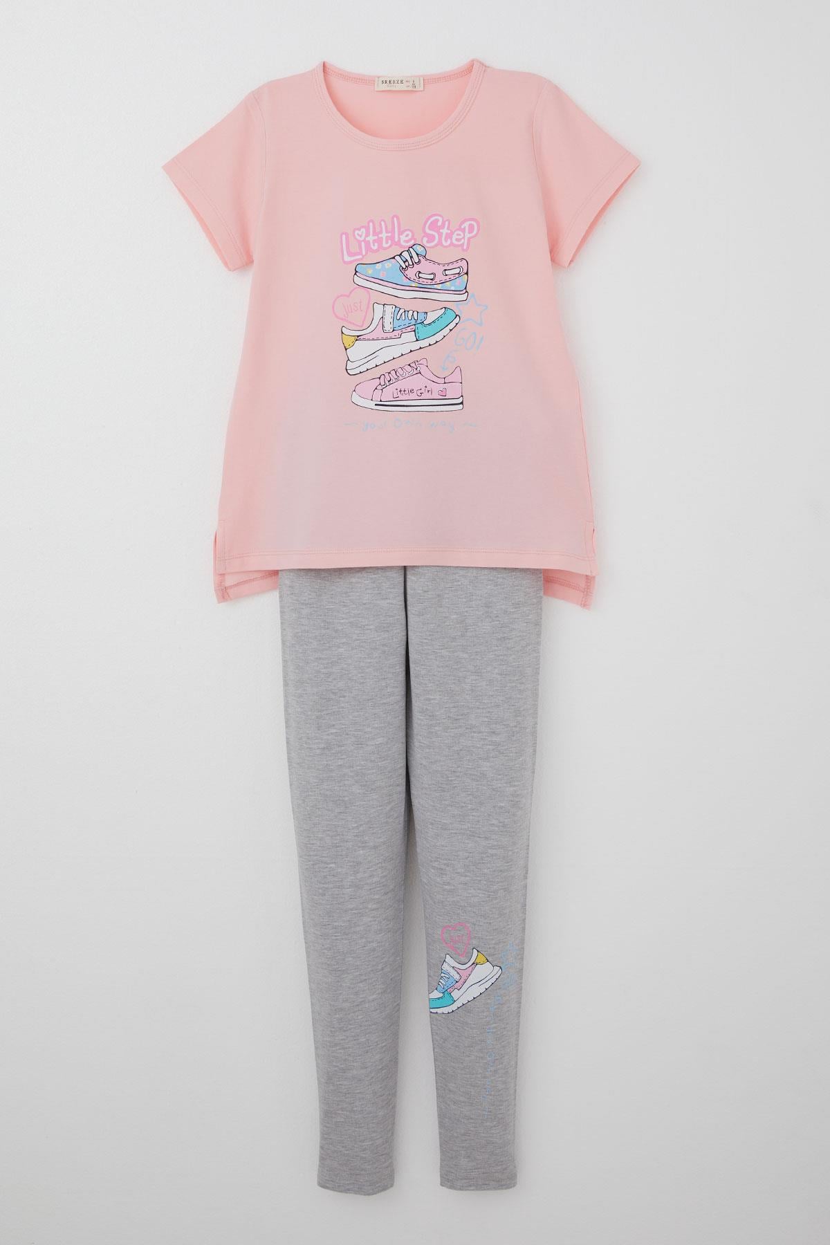 Breeze Kız Çocuk Taytlı Takım Renkli Ayakkabı Baskılı Pembe (5-10 Yaş)