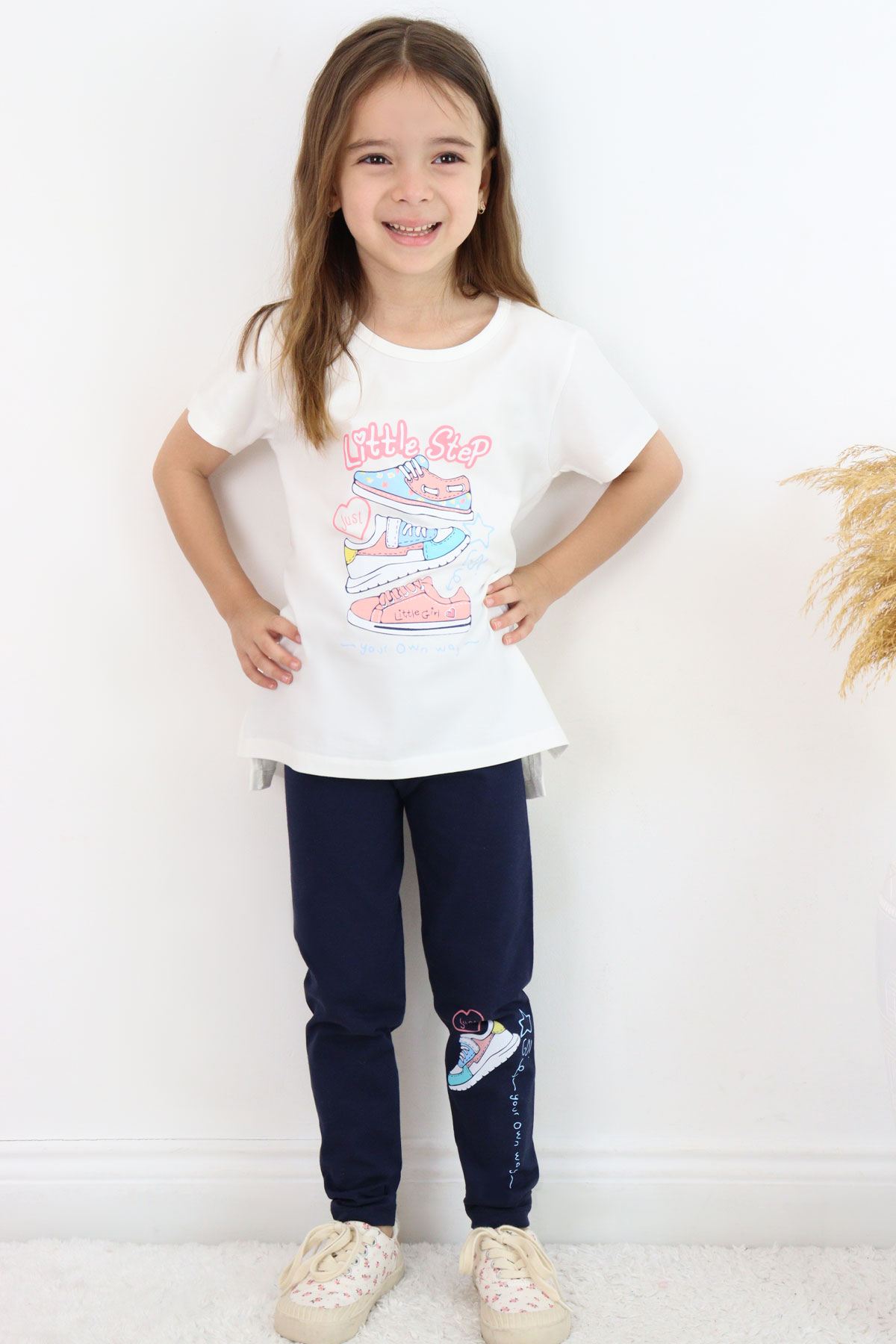Breeze Kız Çocuk Taytlı Takım Renkli Ayakkabı Baskılı Ekru (5-10 Yaş)