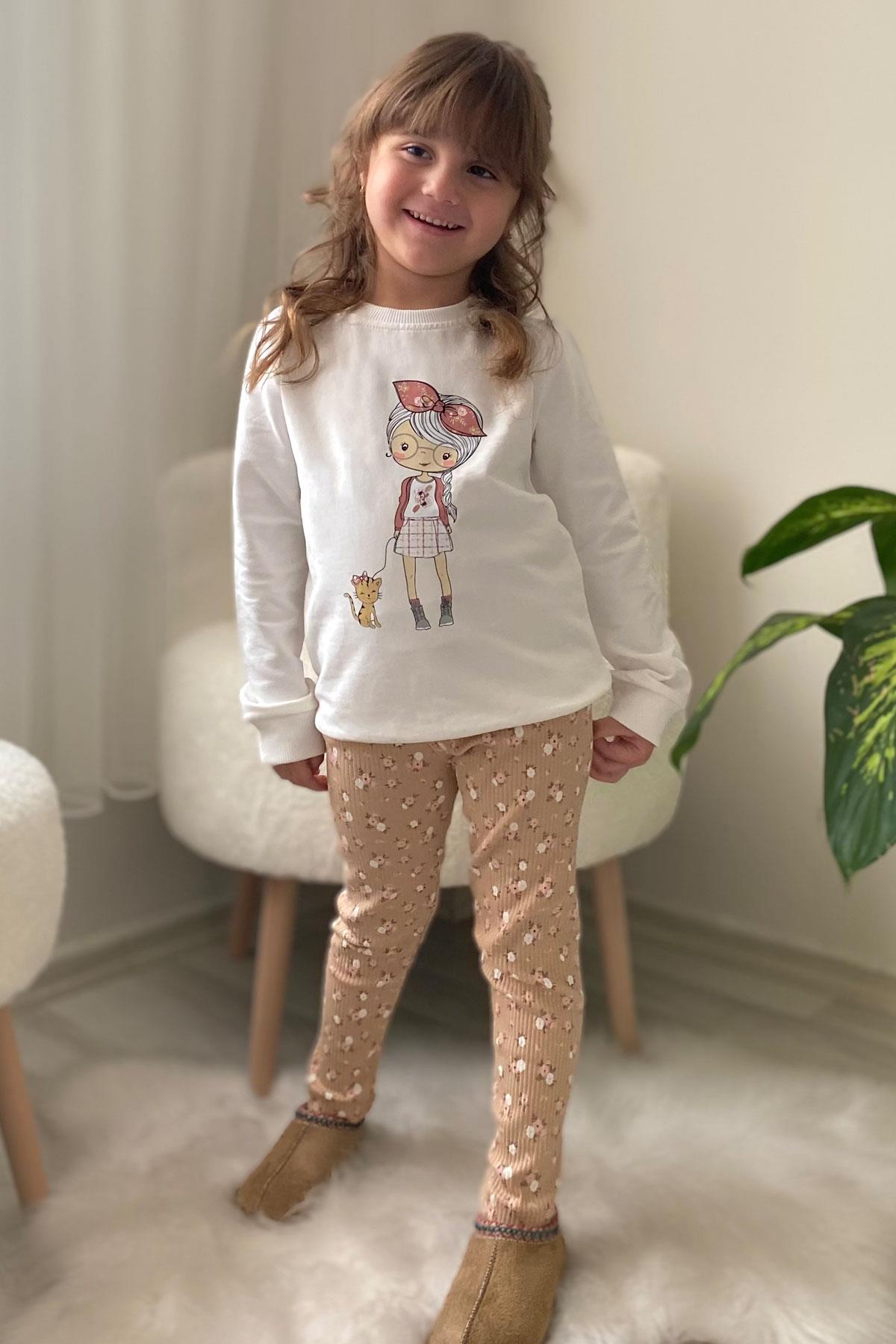 Breeze Kız Çocuk Taytlı Takım Sevimli Kız Baskılı Çiçekli Ekru (2-6 Yaş)