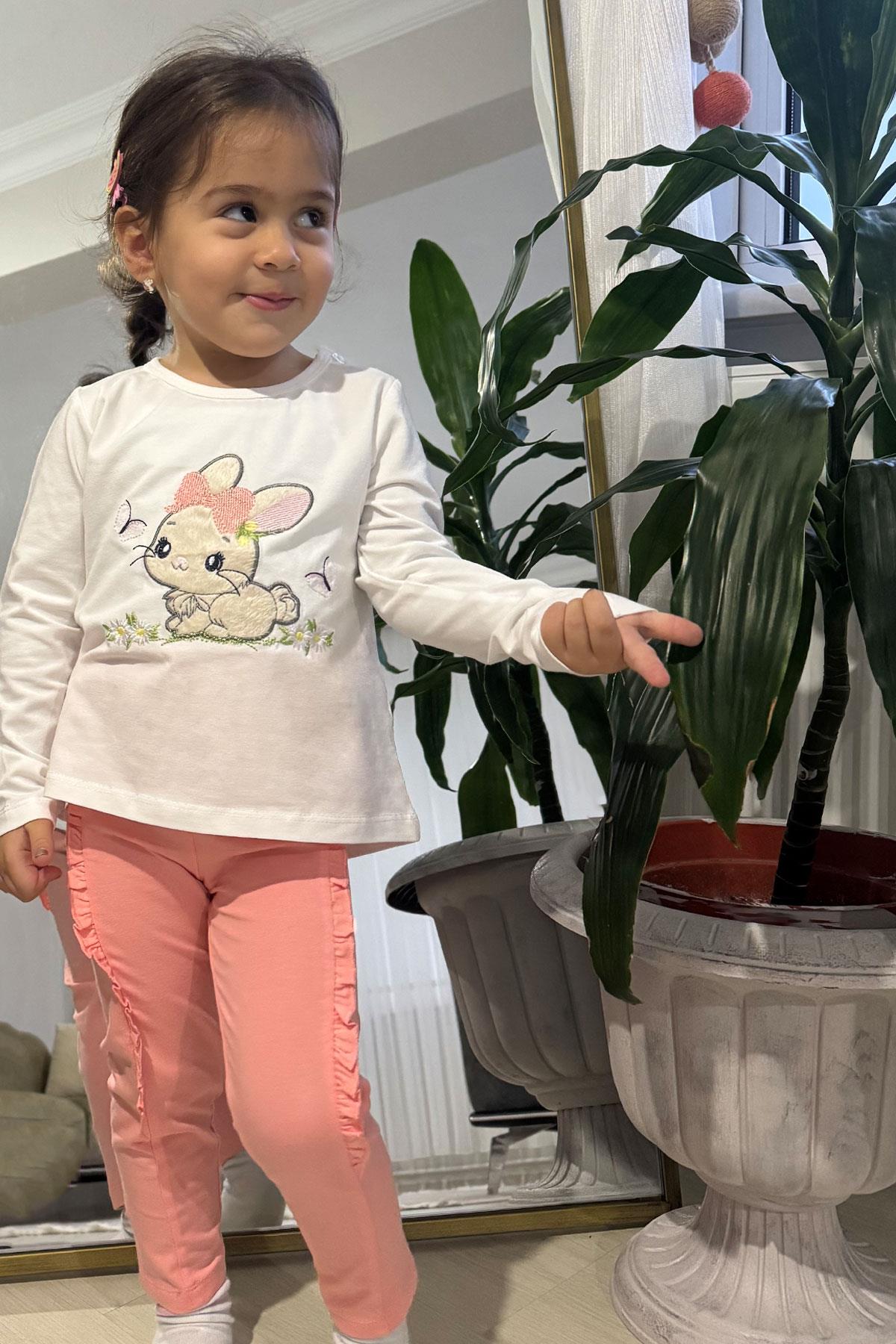 Breeze Kız Çocuk Taytlı Takım Sevimli Tavşancık Nakışlı Ekru (1-4 Yaş)