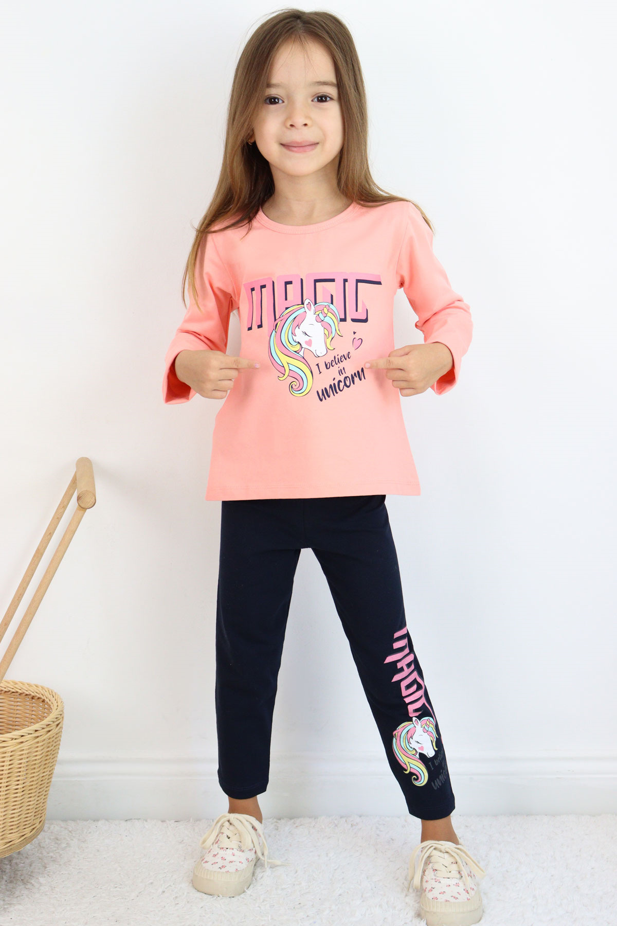 Breeze Kız Çocuk Taytlı Takım Unicorn Baskılı Somon (1.5-5 Yaş)
