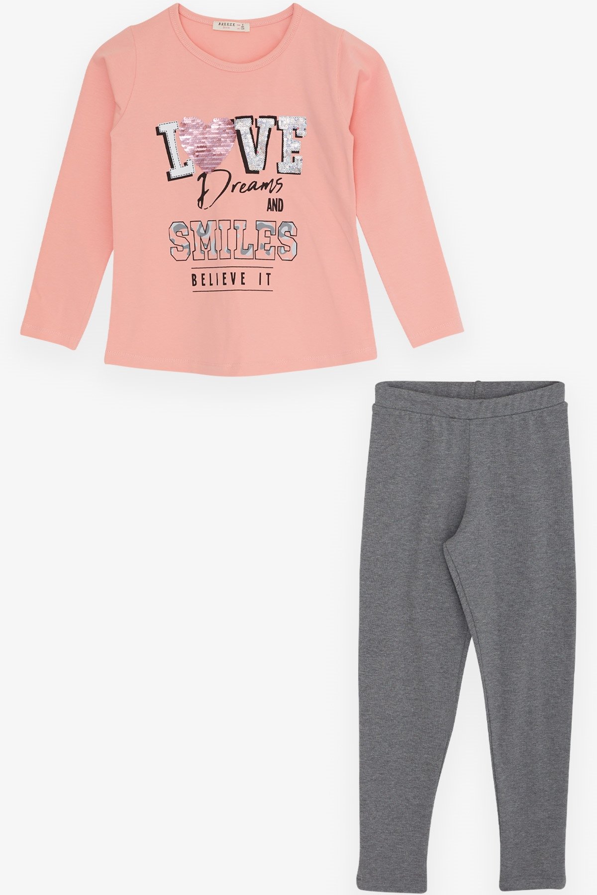 Breeze Kız Çocuk Taytlı Takım Yazı Baskılı Pudra (4-9 Yaş)