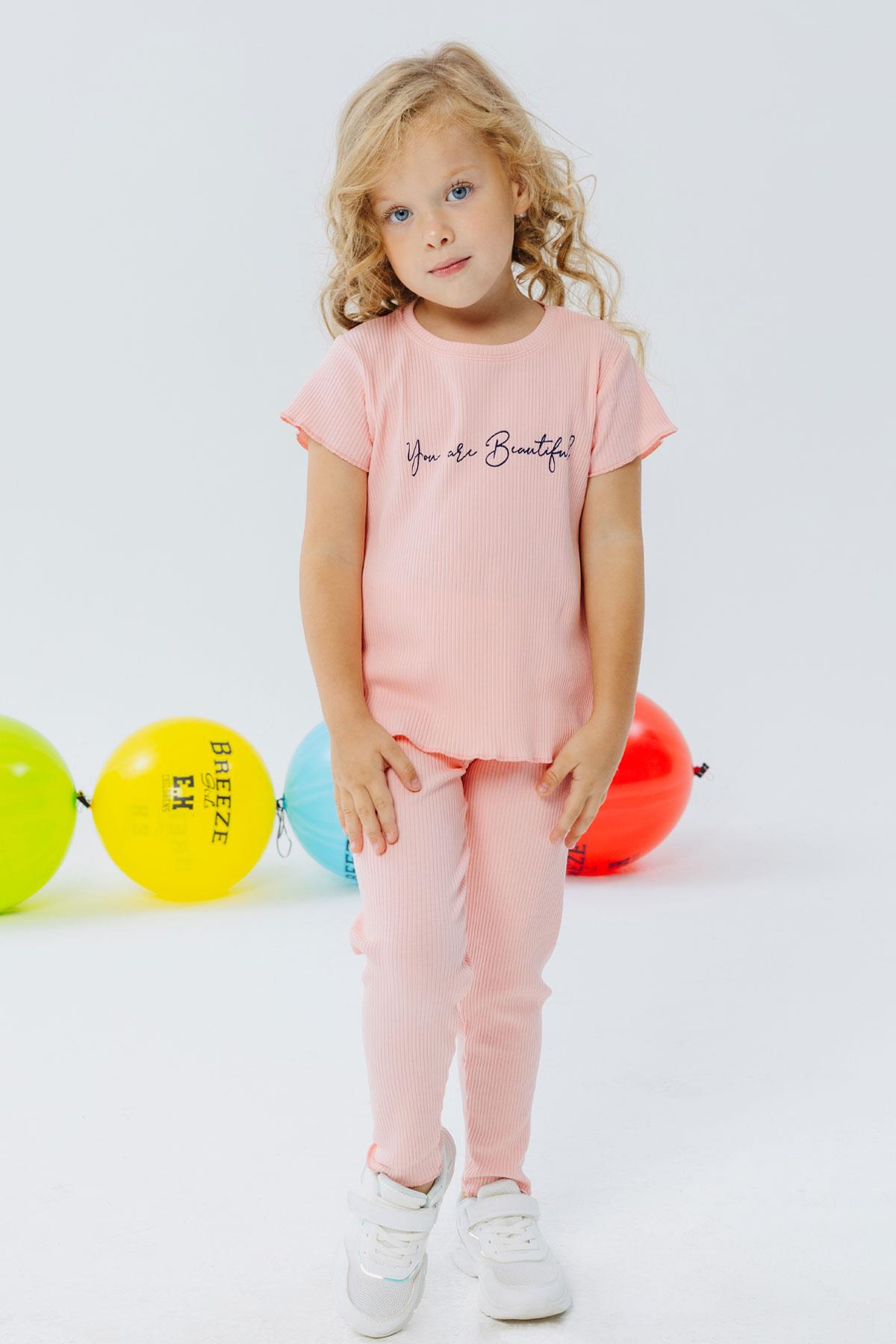 Breeze Kız Çocuk Taytlı Takım Yazı Baskılı Somon (1.5-5 Yaş)