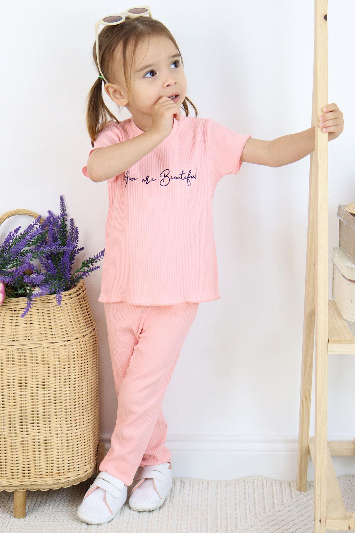 Breeze Kız Çocuk Taytlı Takım Yazı Baskılı Pembe (1.5-5 Yaş)