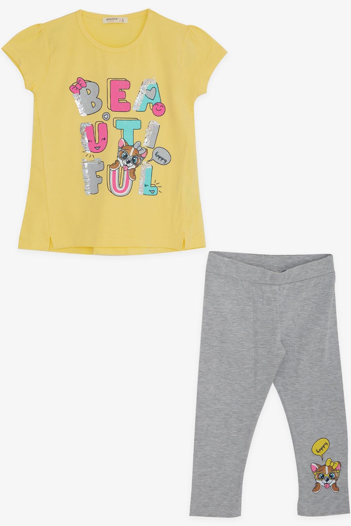 Breeze Kız Çocuk Taytlı Takım Yazı Baskılı Sarı (4-9 Yaş)