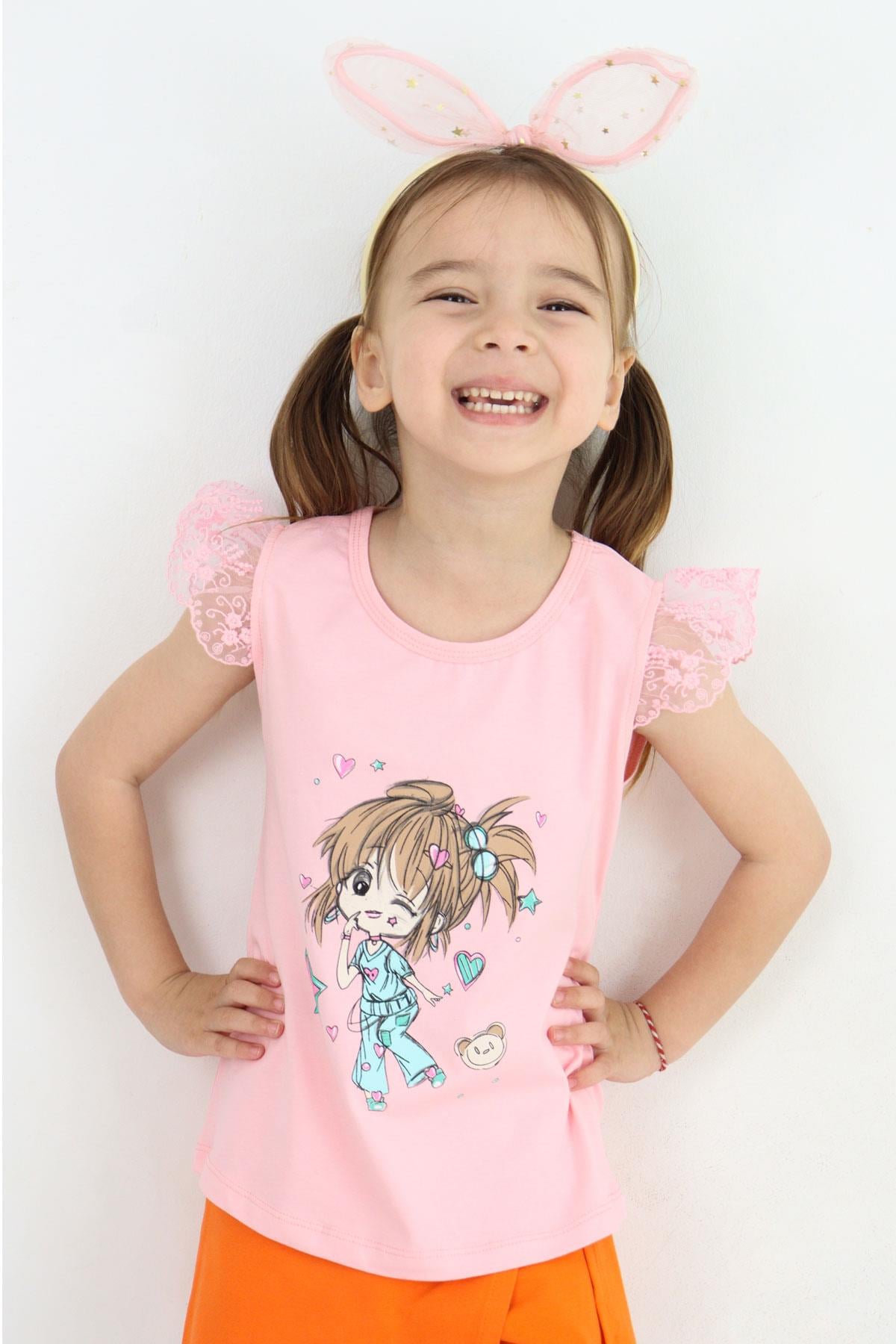 Breeze Kız Çocuk Tişört Çılgın Kız Baskılı Kolları Nakış Güpürlü Pembe (1.5-5 Yaş)