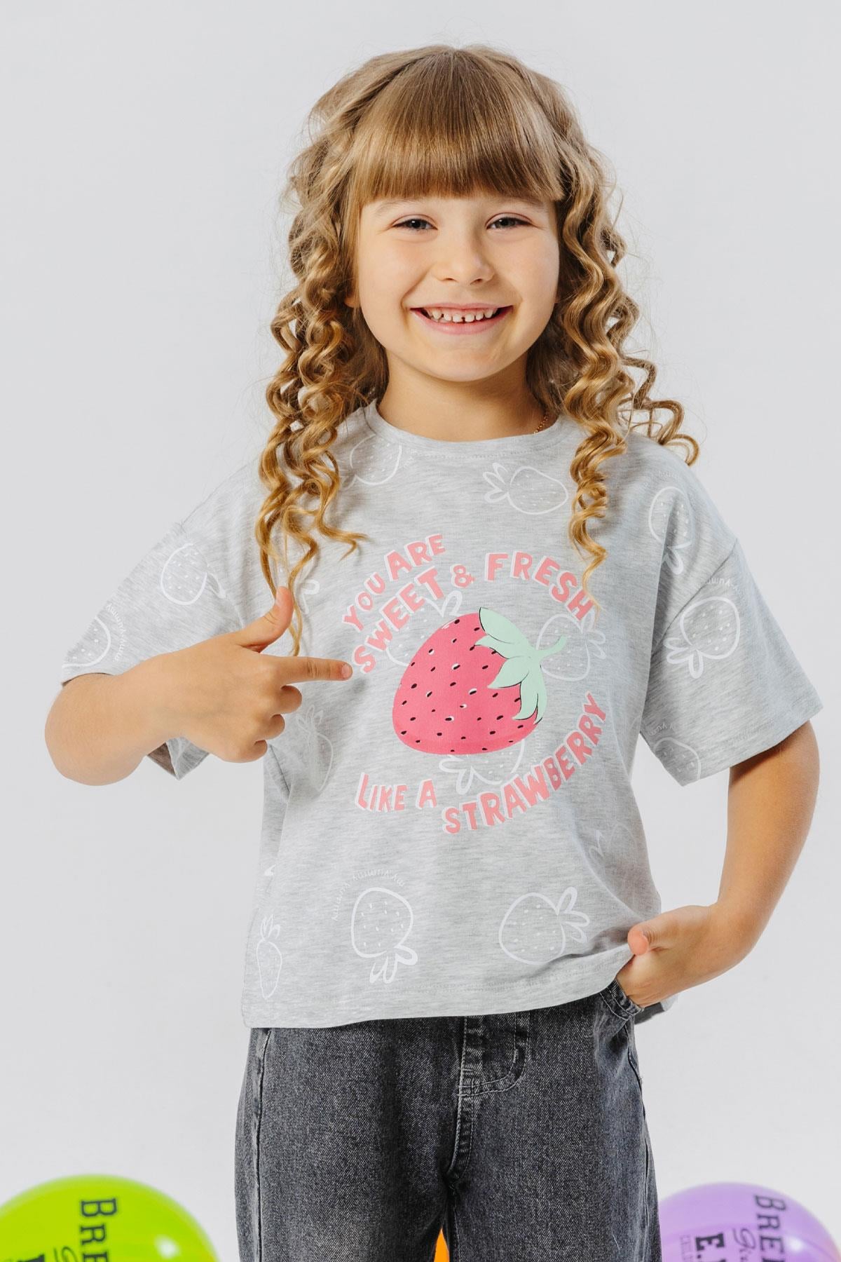 Breeze Kız Çocuk Tişört Crop Çilek & Yazı Baskılı Açık Gri Melanj (6-12 Yaş)