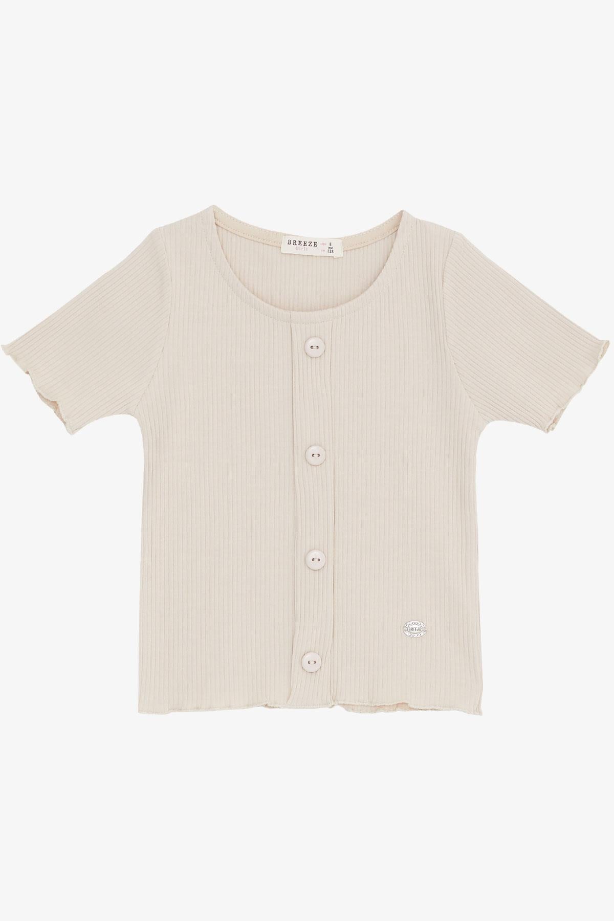 Breeze Kız Çocuk Tişört Crop Düğme Aksesuarlı Bej (8-14 Yaş)