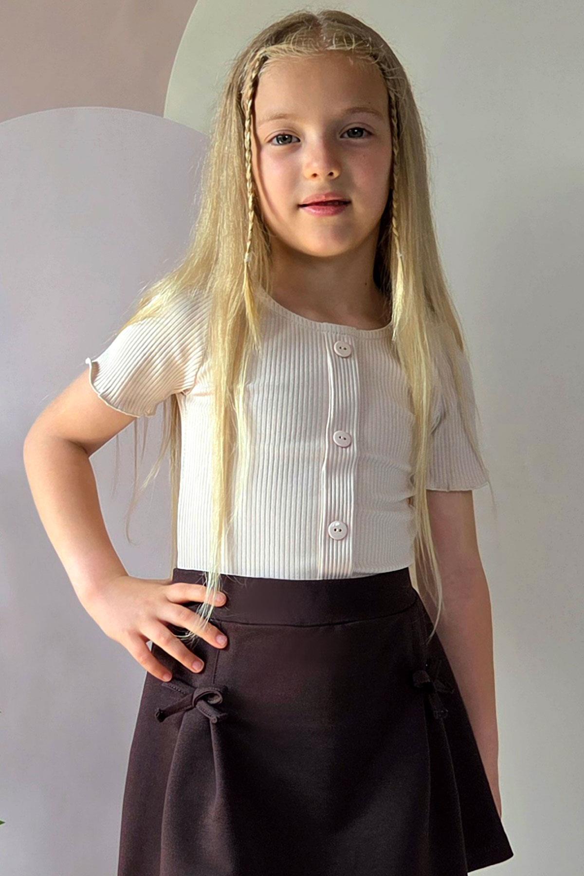 Breeze Kız Çocuk Tişört Crop Düğme Aksesuarlı Bej (8-14 Yaş)