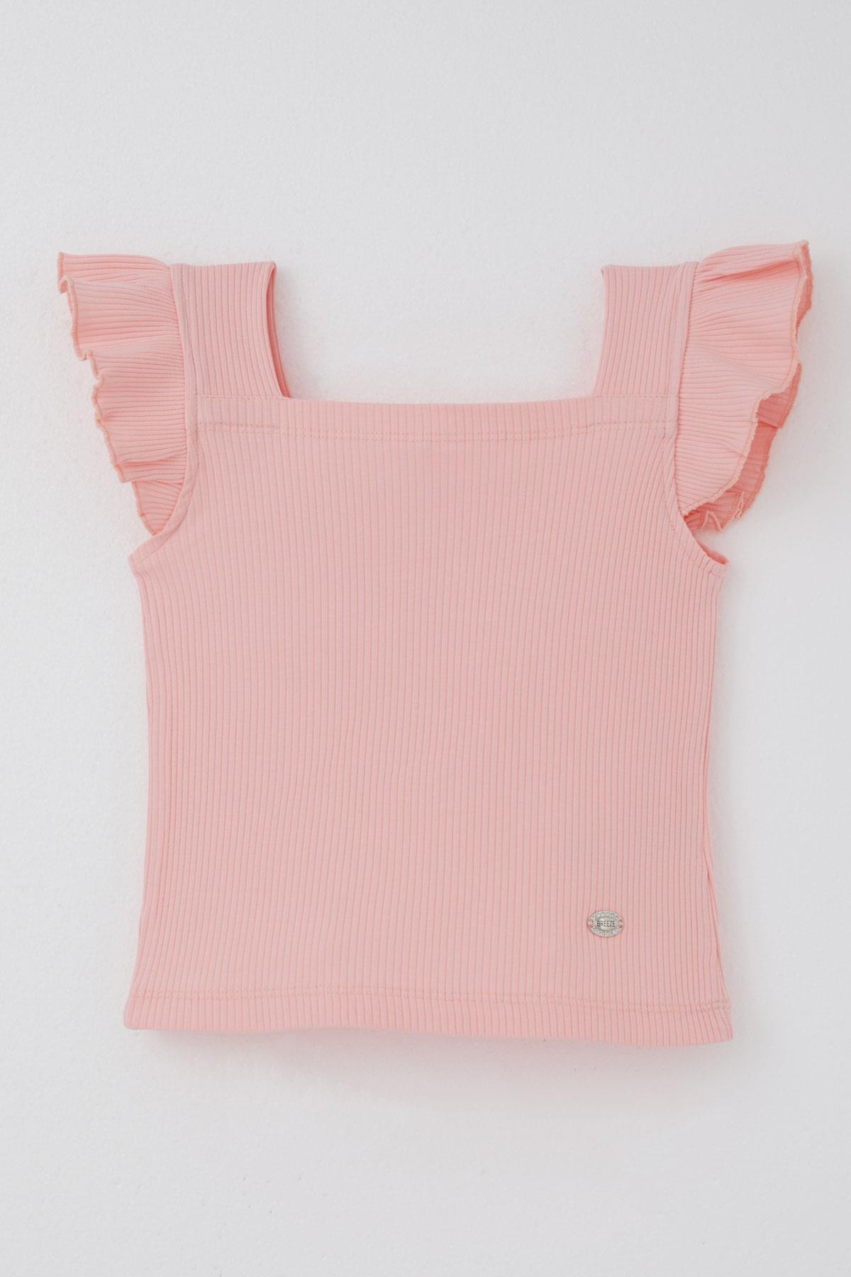 Breeze Kız Çocuk Tişört Crop Kare Yaka Fırfırlı Armalı Somon (8-14 Yaş)