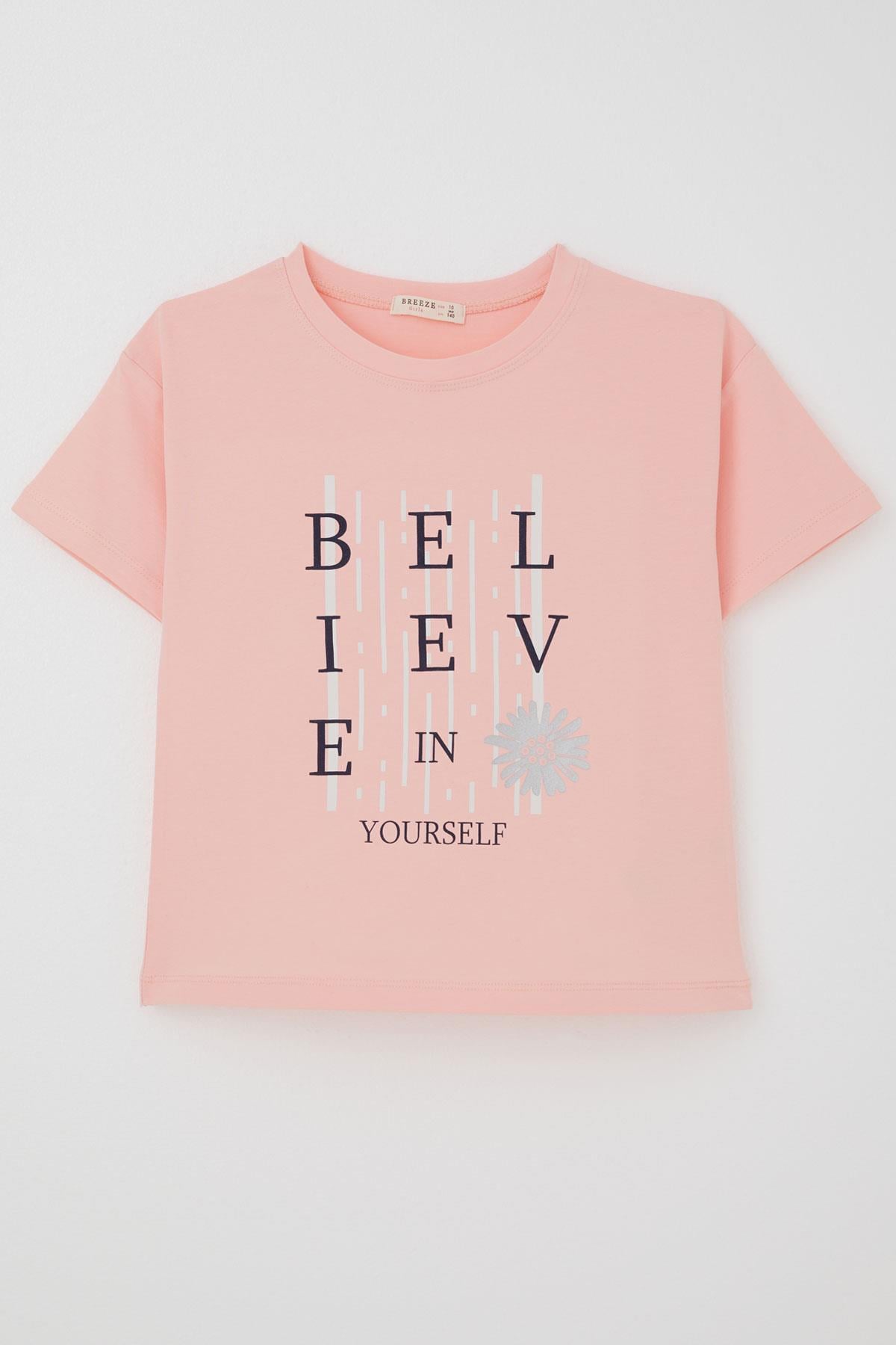 Breeze Kız Çocuk Tişört Crop Slogan Temalı Çiçek Baskılı Somon (9-14 Yaş)