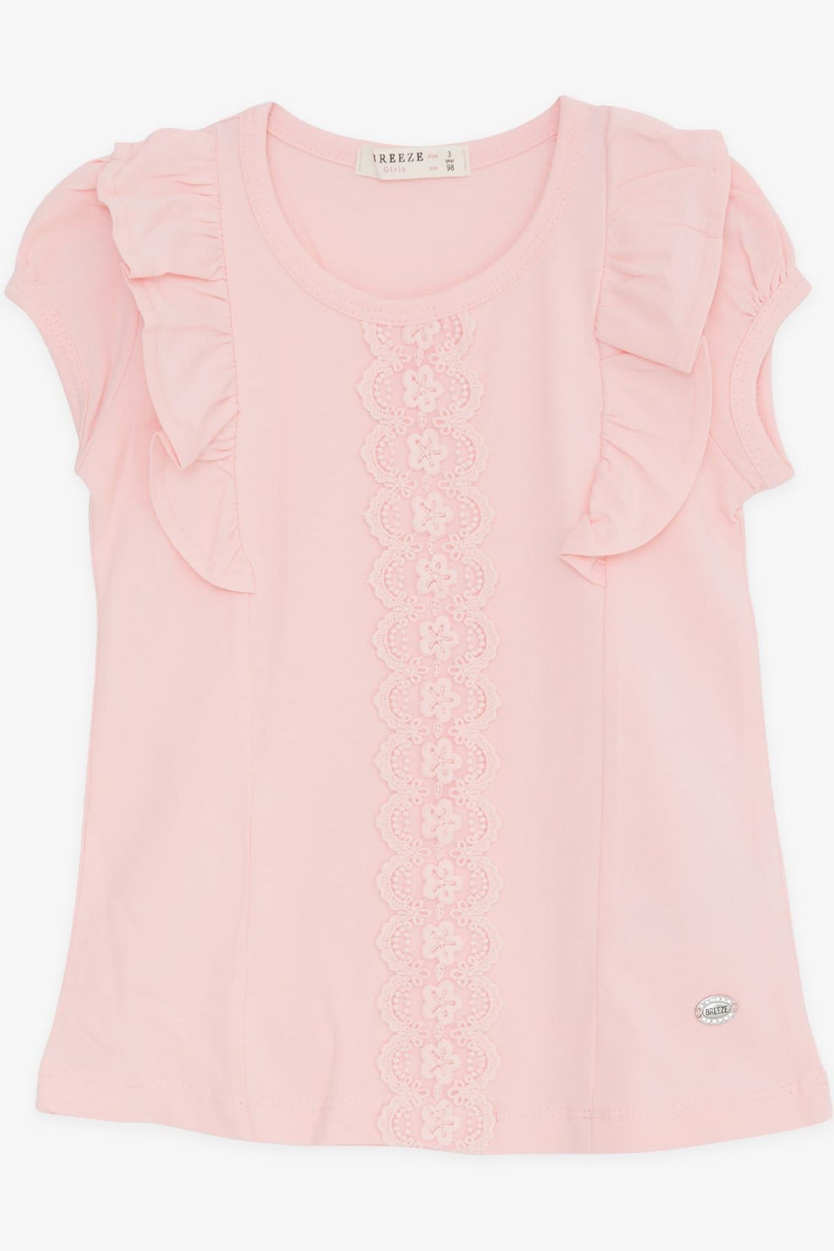 Breeze Kız Çocuk Tişört Fırfırlı Güpür Nakışlı Pembe (3-8 Yaş)