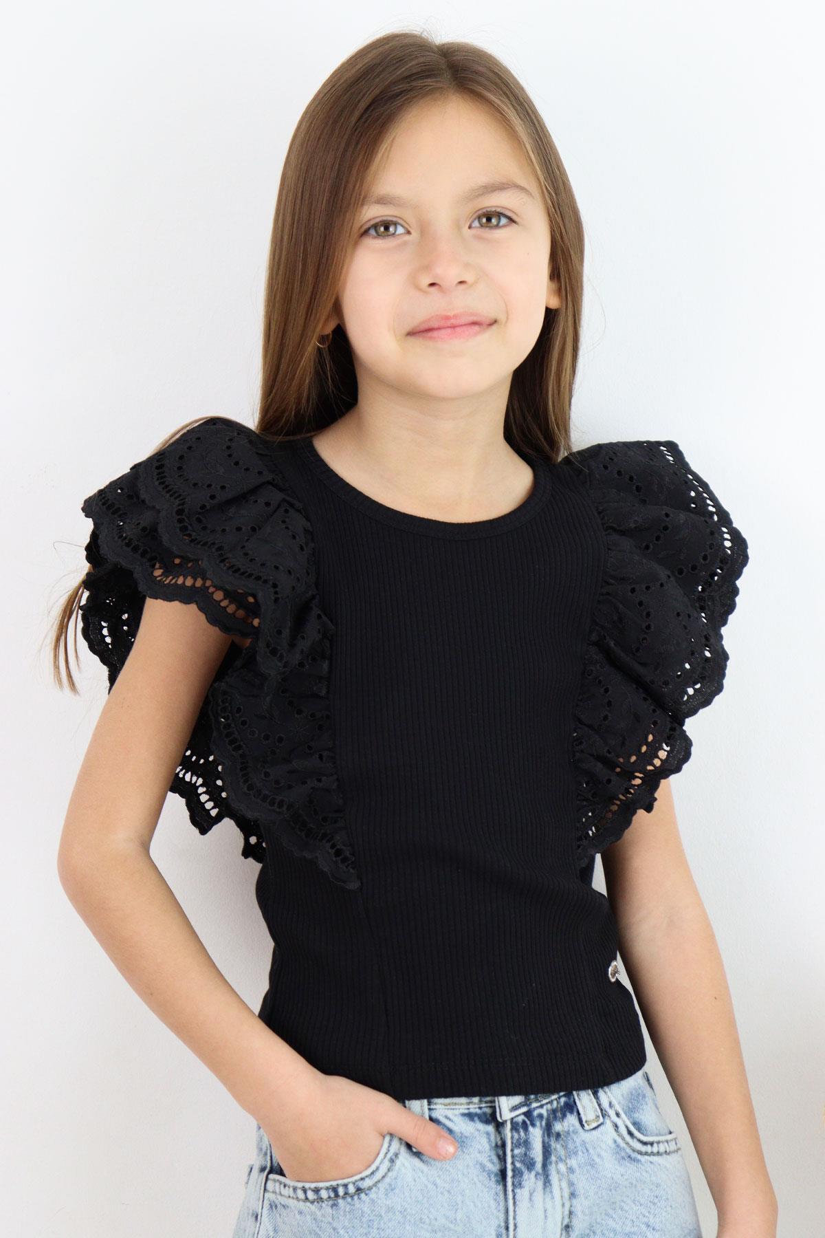 Breeze Kız Çocuk Tişört Güpürlü Çiçek & Yaprak Nakışlı Siyah (6-12 Yaş)