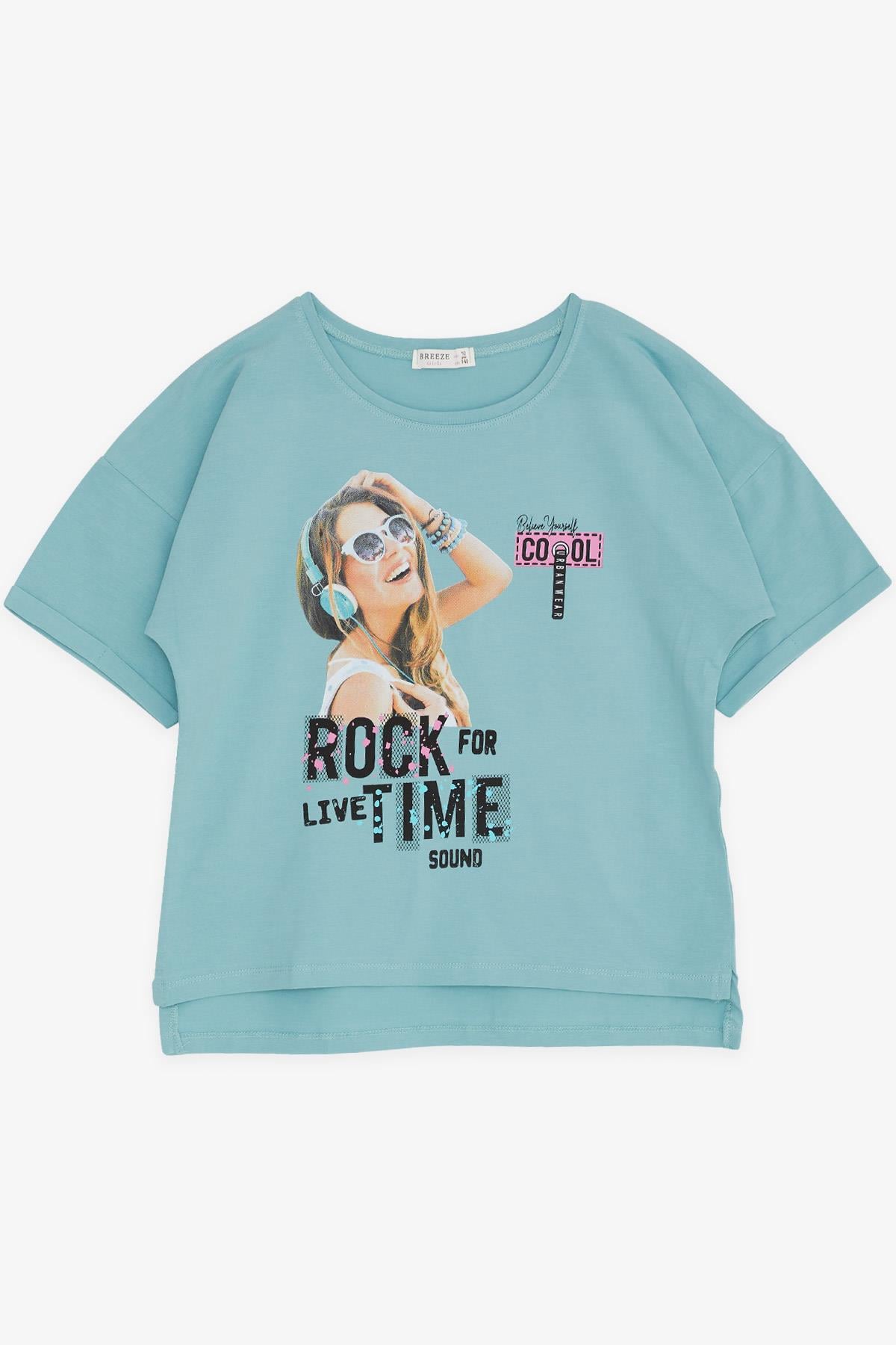Breeze Kız Çocuk Tişört Havalı Rockçı Kız Baskılı Mint Yeşili (9-16 Yaş)