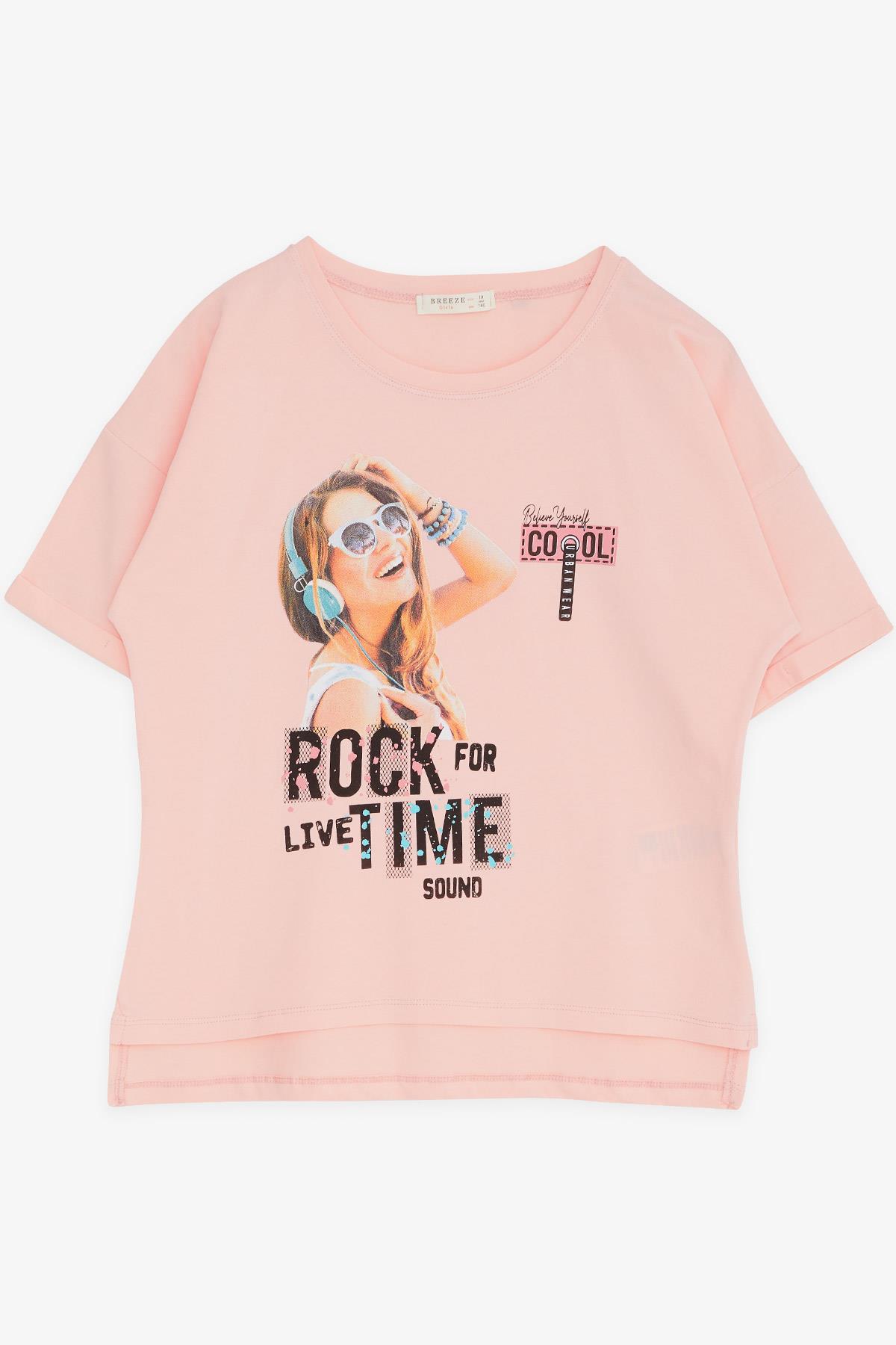 Breeze Kız Çocuk Tişört Havalı Rockçı Kız Baskılı Somon (9-16 Yaş)