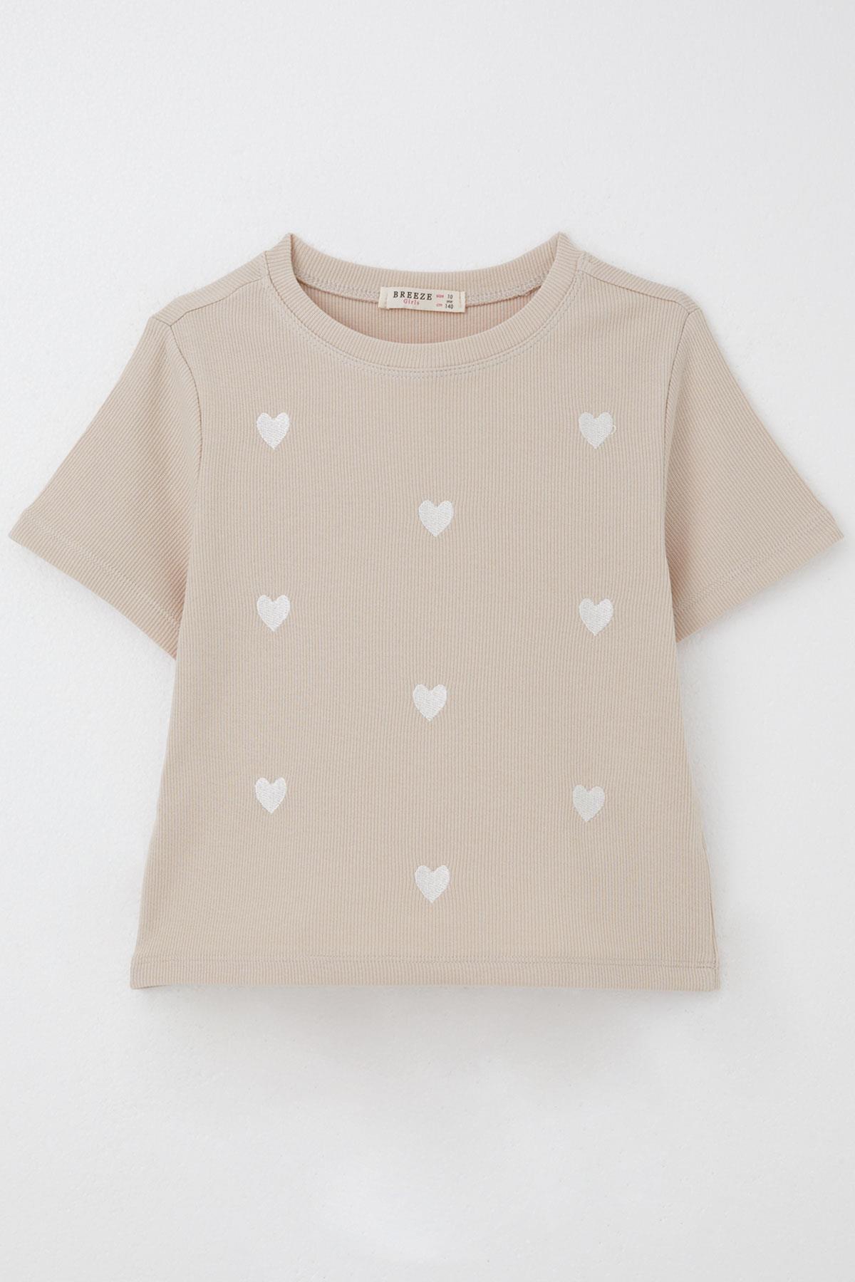 Breeze Kız Çocuk Tişört Kalp Nakış Detaylı Bej (9-14 Yaş)