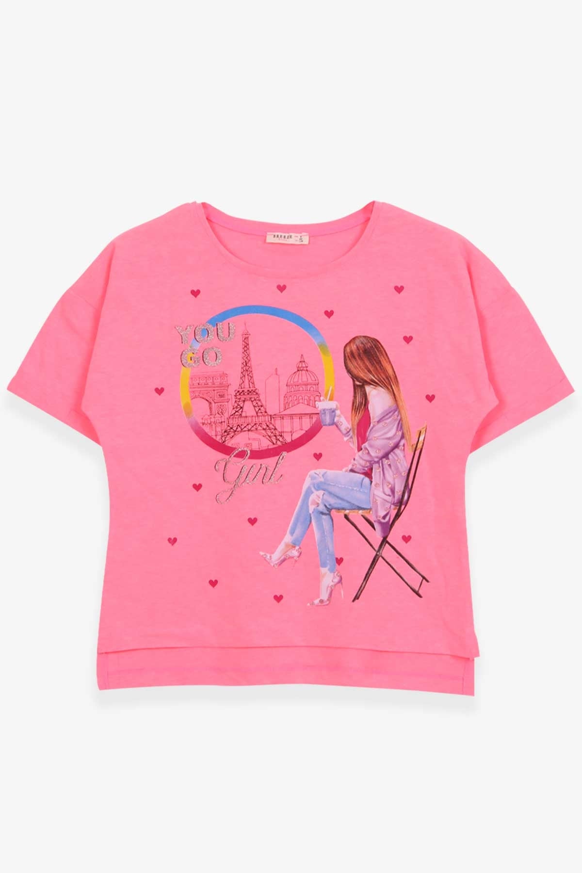 Breeze Kız Çocuk Tişört Kalpli Simli Kız Baskılı Neon Pembe (9-16 Yaş)