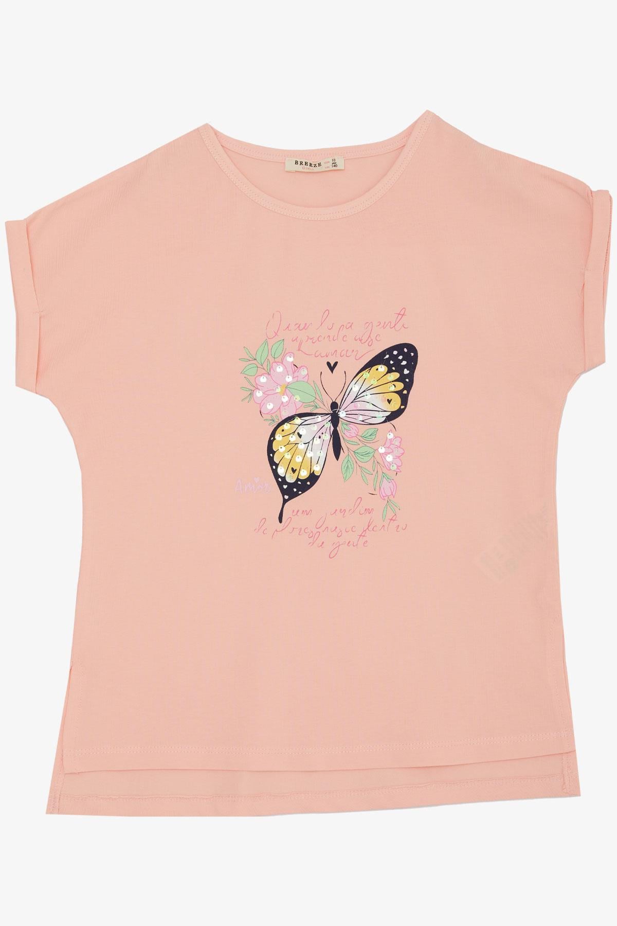 Breeze Kız Çocuk Tişört Kelebek Baskılı Pembe (10-16 Yaş)