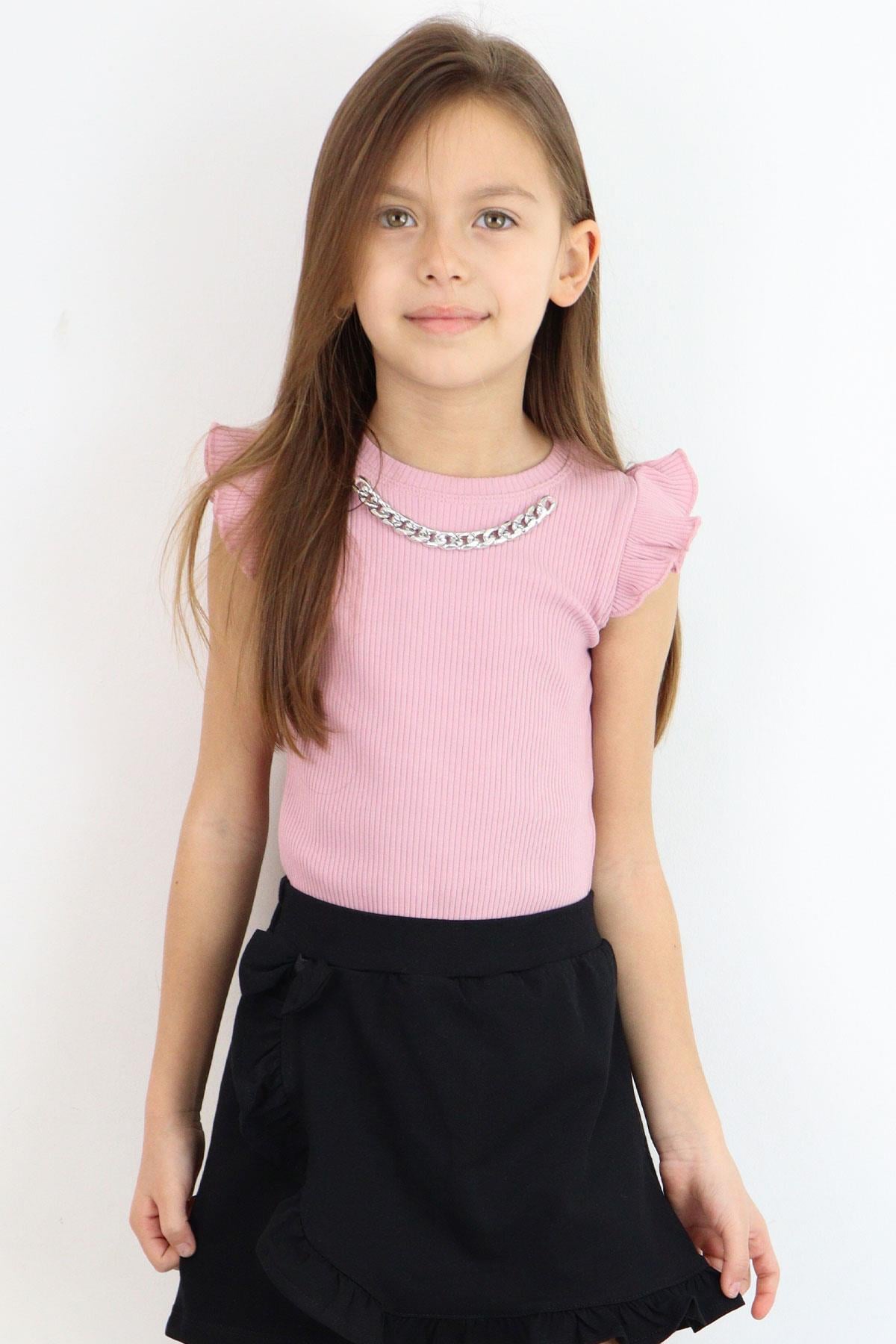 Breeze Kız Çocuk Tişört Kemer Boy Yakası Zincir Aksesuarlı Gülkurusu (9-14 Yaş)
