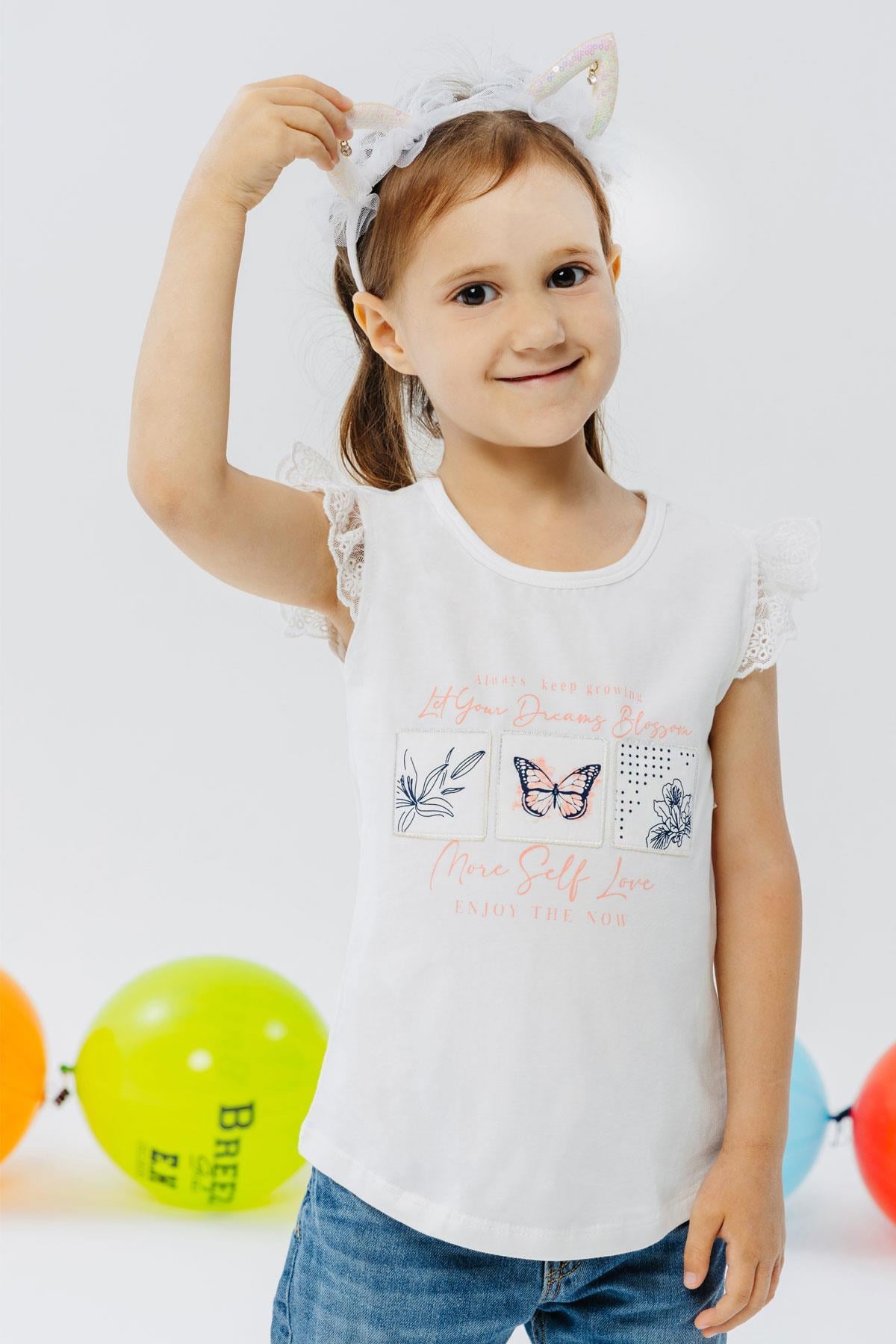 Breeze Kız Çocuk Tişört Kolları Güpür Nakışlı Kelebek Baskılı Ekru (1.5-5 Yaş)