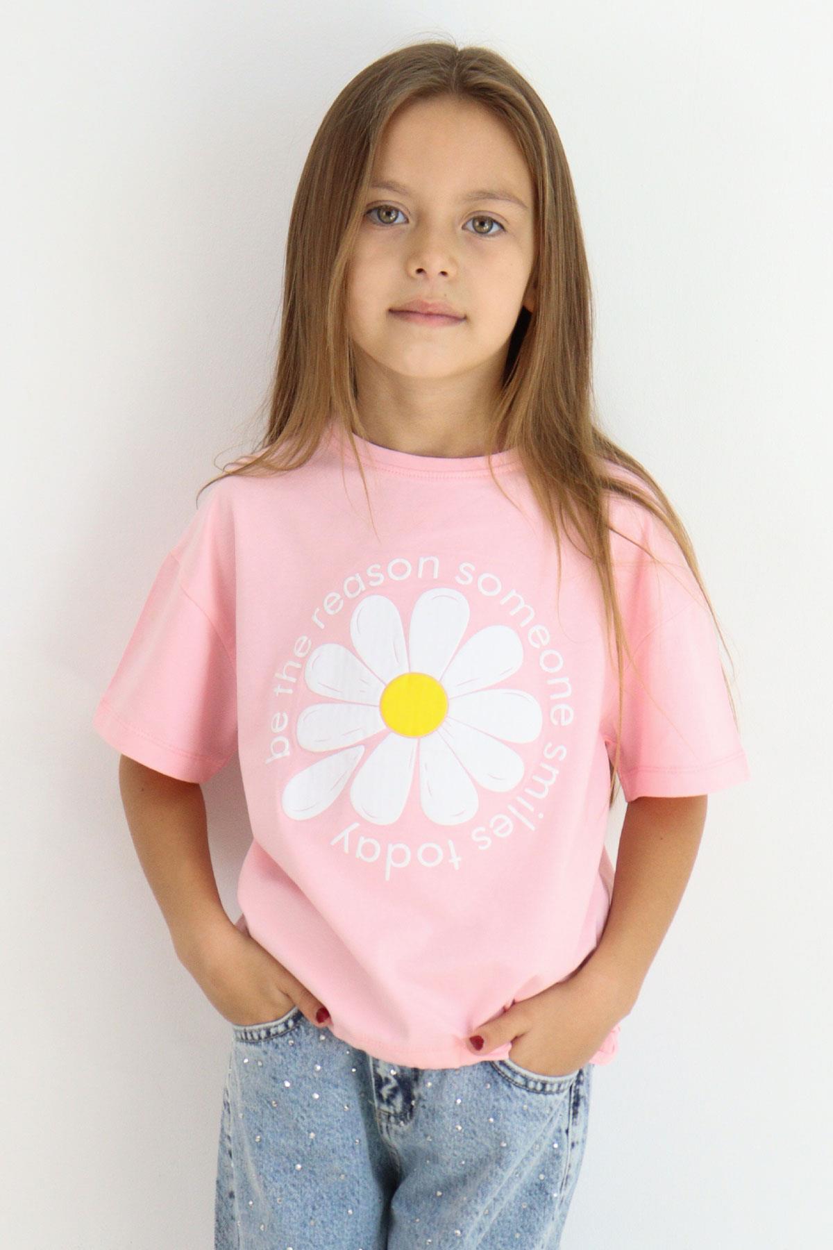 Breeze Kız Çocuk Tişört Papatya Baskılı Pembe (7-12 Yaş)