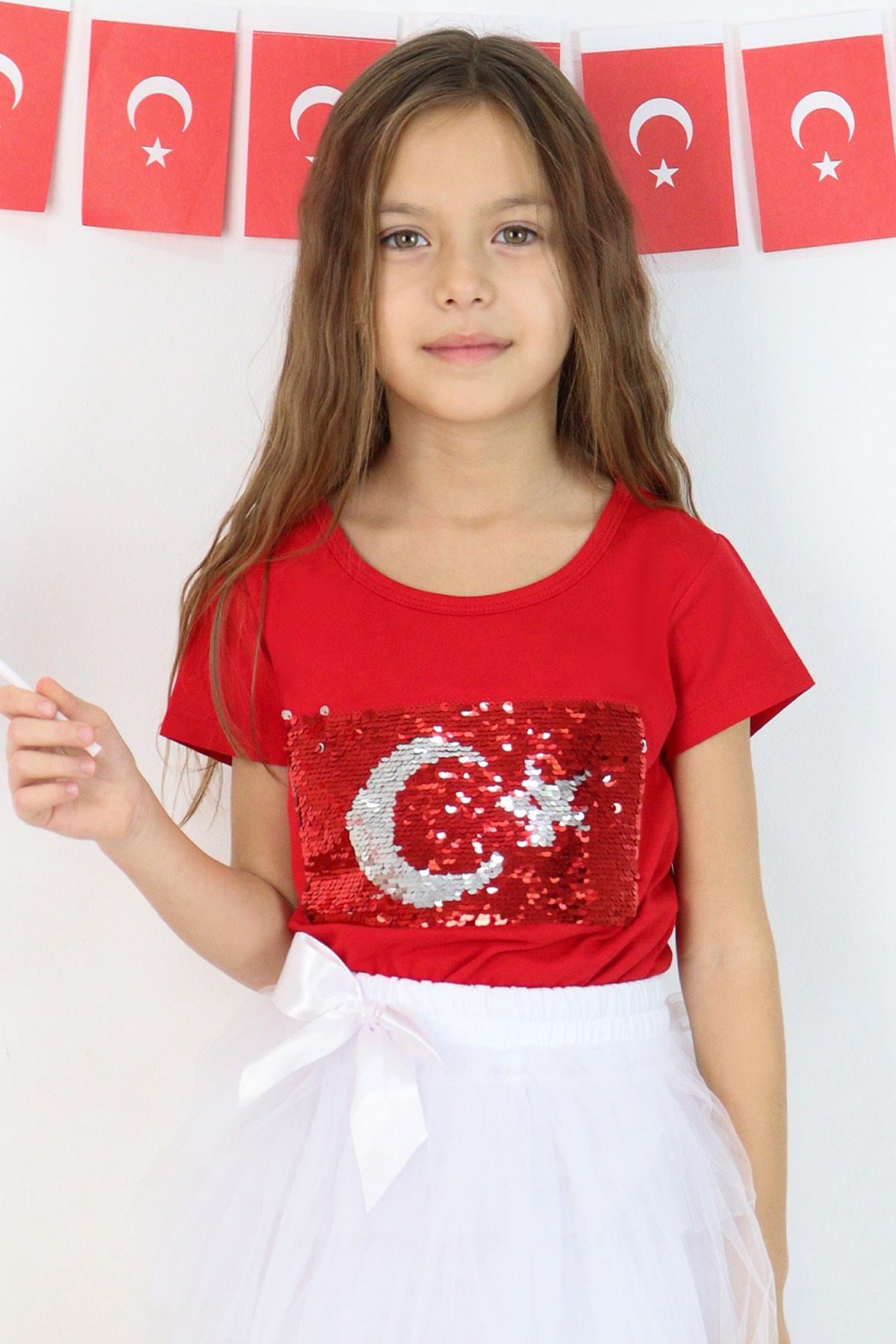Breeze Kız Çocuk Tişört Pullu Ay Yıldızlı Kırmızı (4-14 Yaş)