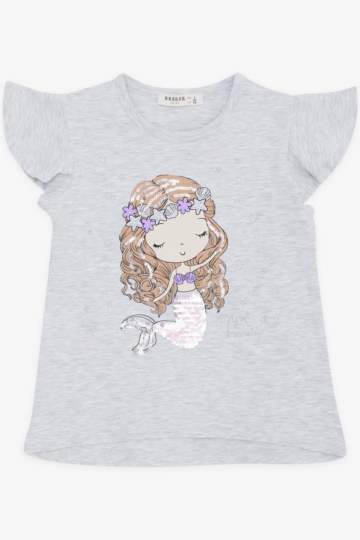 Breeze Kız Çocuk Tişört Sevimli Deniz Kızı Baskılı Açık Gri Melanj (3-8 Yaş)