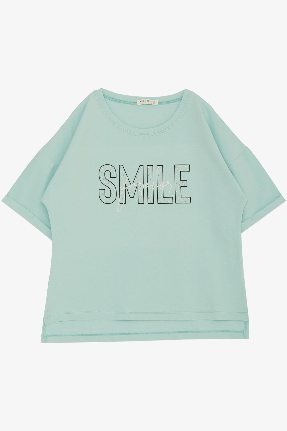 Breeze Kız Çocuk Tişört Smile Yazı Baskılı Taşlı Su Yeşili (9-16 Yaş)