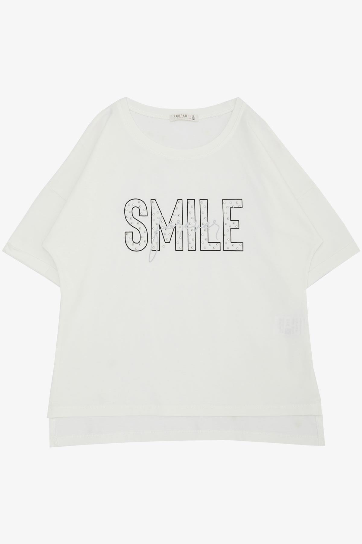 Breeze Kız Çocuk Tişört Smile Yazı Baskılı Taşlı Ekru (9-16 Yaş)