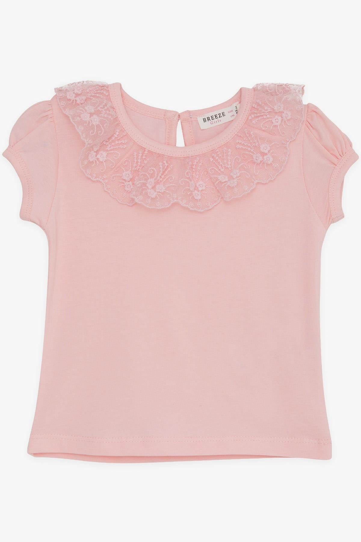 Breeze Kız Çocuk Tişört Yakası Güpürlü Nakışlı Pembe (1-4 Yaş)