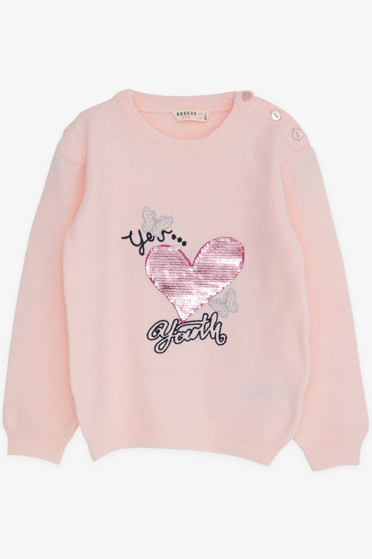 Breeze Kız Çocuk Triko Kazak Pullu Kalp Baskılı Pudra (1.5-5 Yaş)