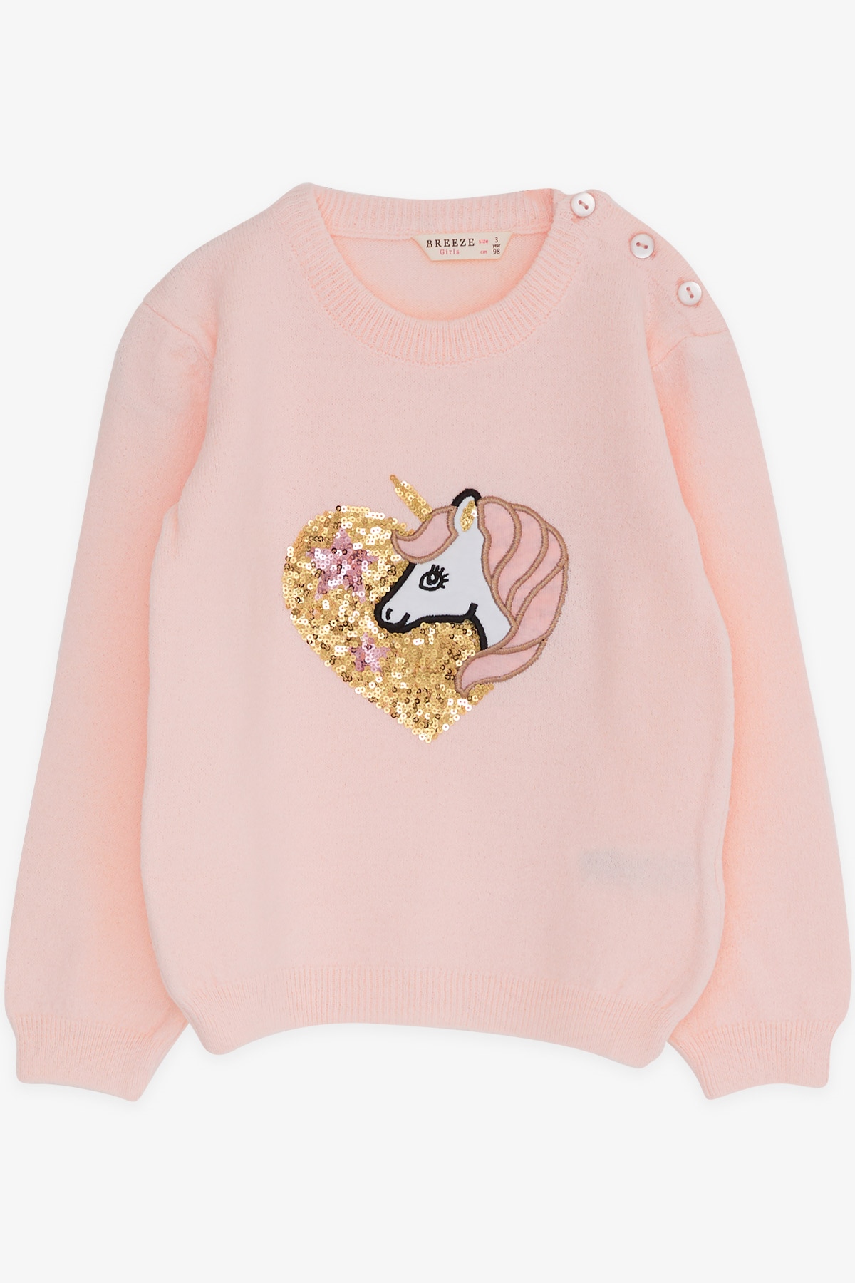 Breeze Kız Çocuk Triko Kazak Pullu Unicorn Baskılı Pudra (1.5-5 Yaş)