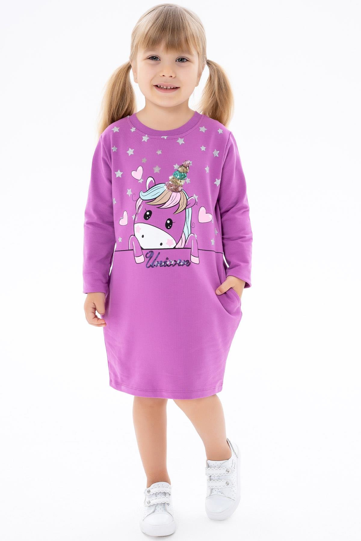 Breeze Kız Çocuk Tunik Baskılı Pullu Unicorn Mor (1.5-2 Yaş)