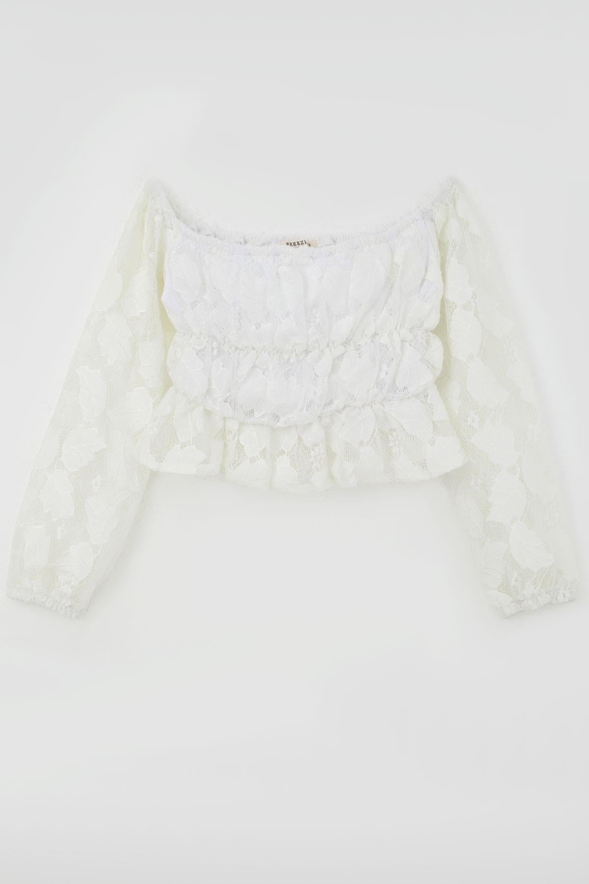 Breeze Kız Çocuk Uzun Kollu Dantelli Crop Bluz Yaprak Desenli Beyaz (9-14 Yaş)