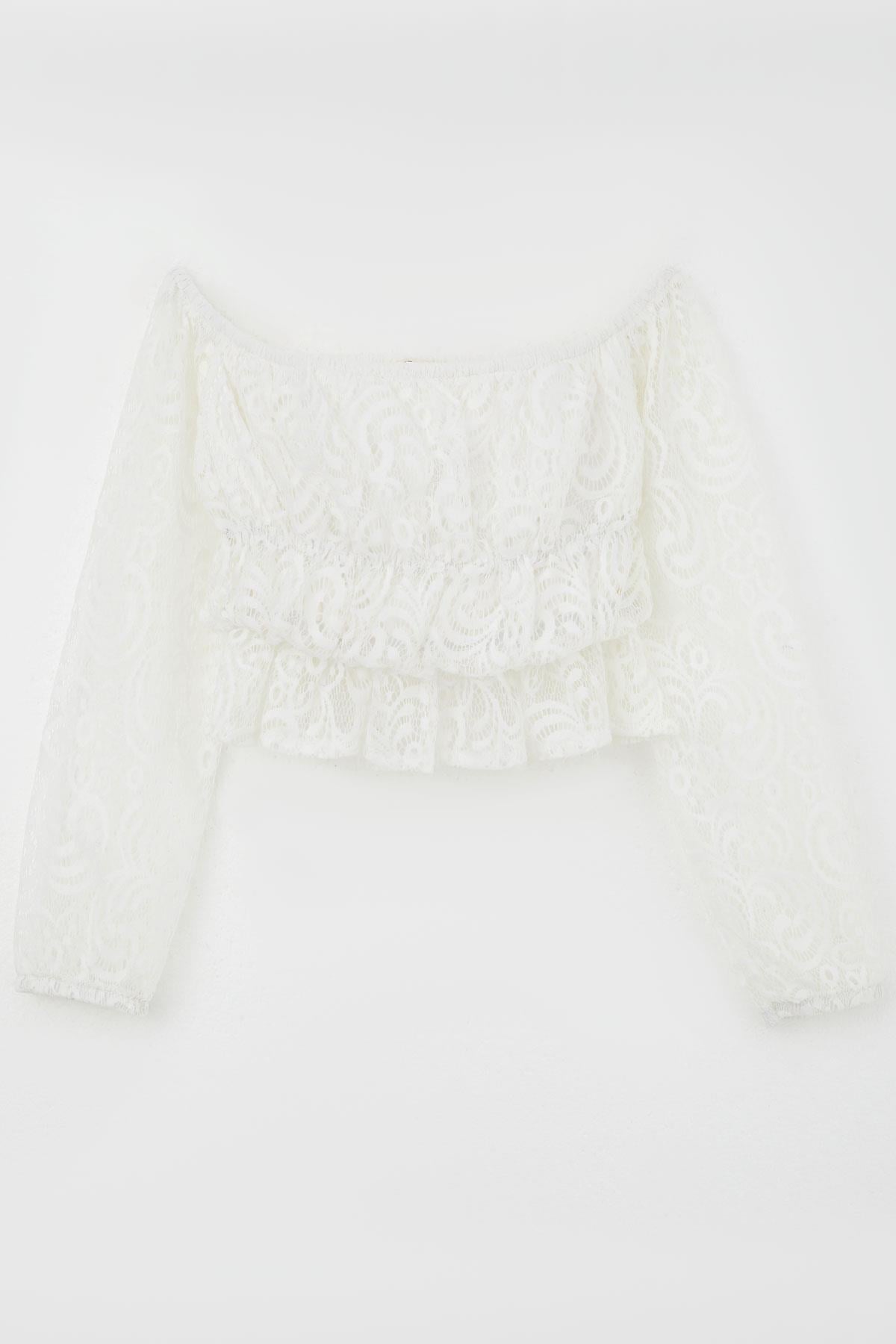 Breeze Kız Çocuk Uzun Kollu Dantelli Crop Bluz Çiçek Desenli Beyaz (9-14 Yaş)