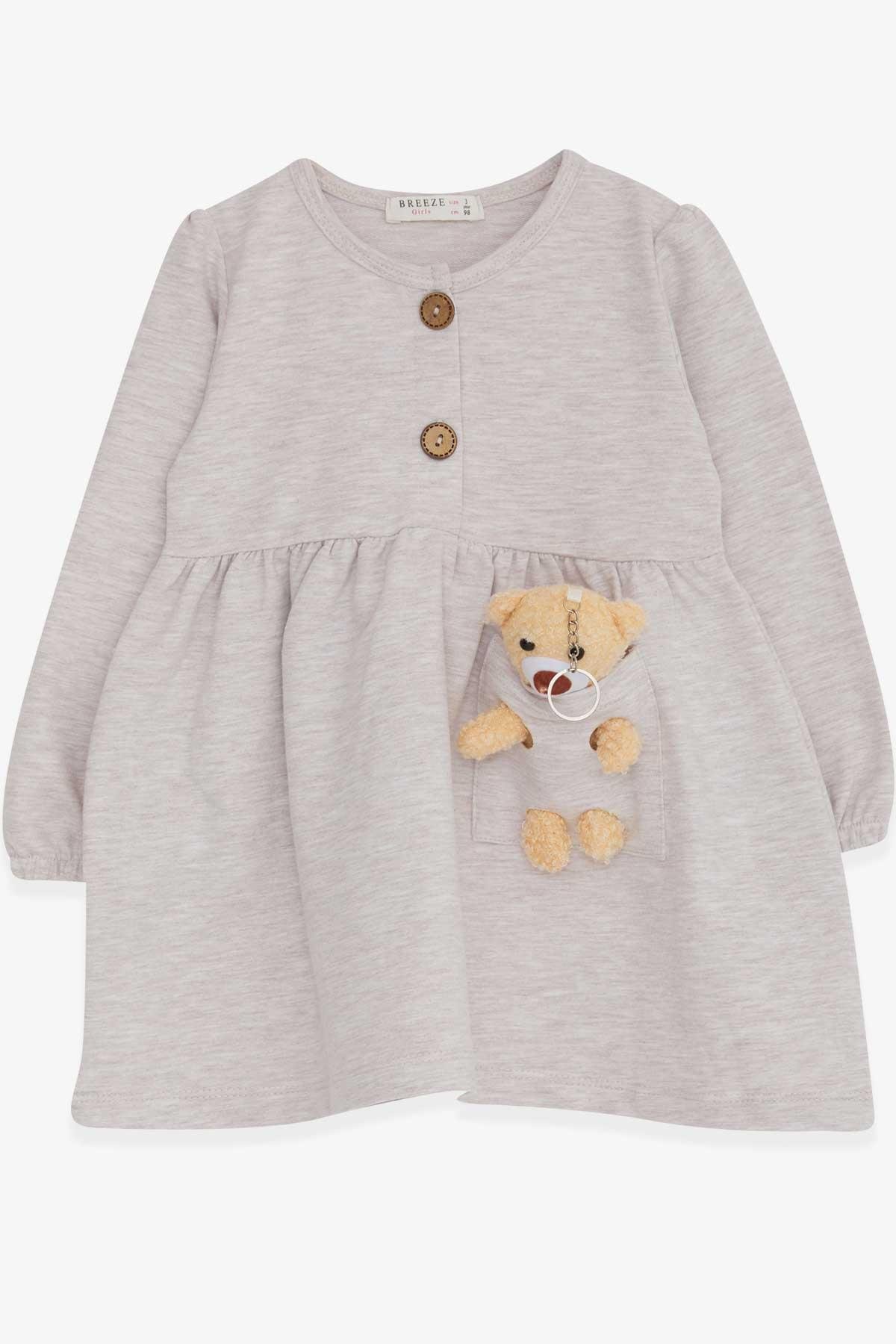 Breeze Kız Çocuk Uzun Kollu Elbise Ayıcık Aksesuarlı Bej Melanj (2-6 Yaş)