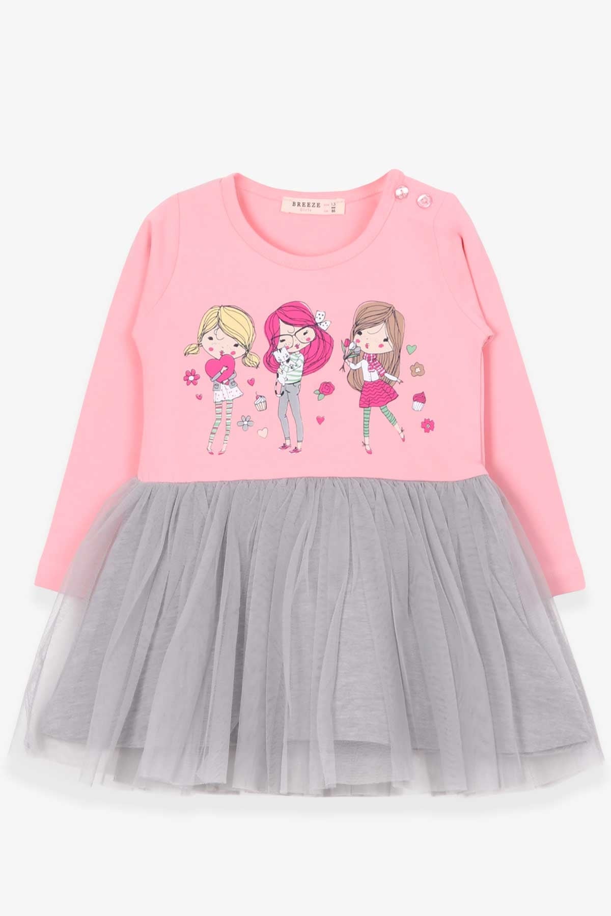 Breeze Kız Çocuk Uzun Kollu Elbise Baskılı Pudra (1.5-5 Yaş)